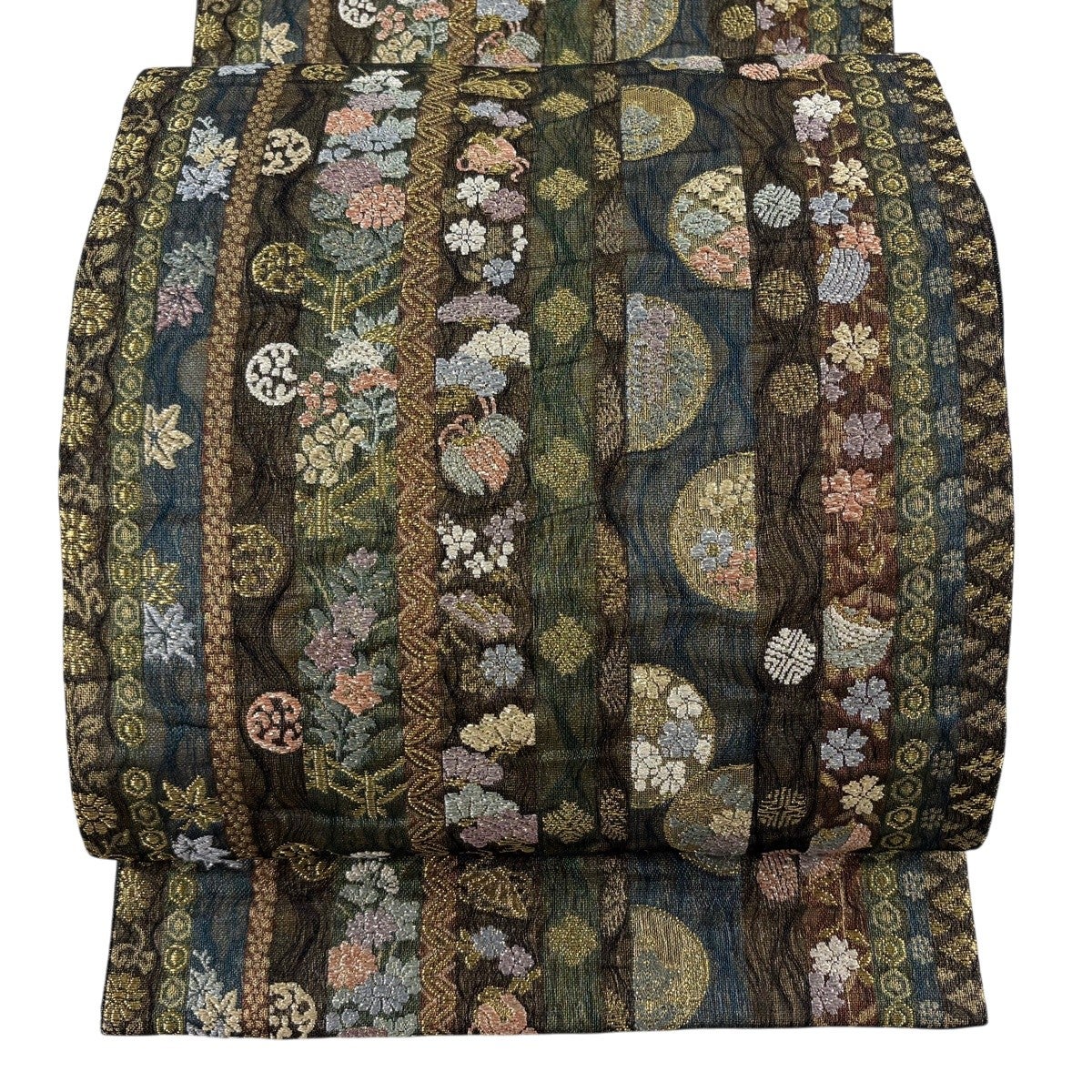 美品】 袋帯 秀品 献上垣根文 金糸 金通し 灰緑 六通 正絹｜中古・古着