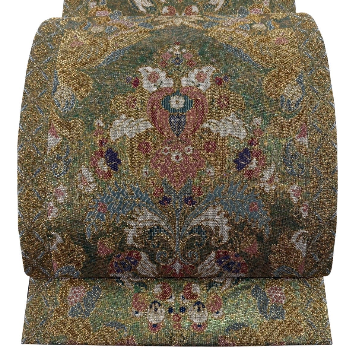 美品】 袋帯 秀品 草花 幾何学模様 金糸 箔 金色 六通 正絹｜中古