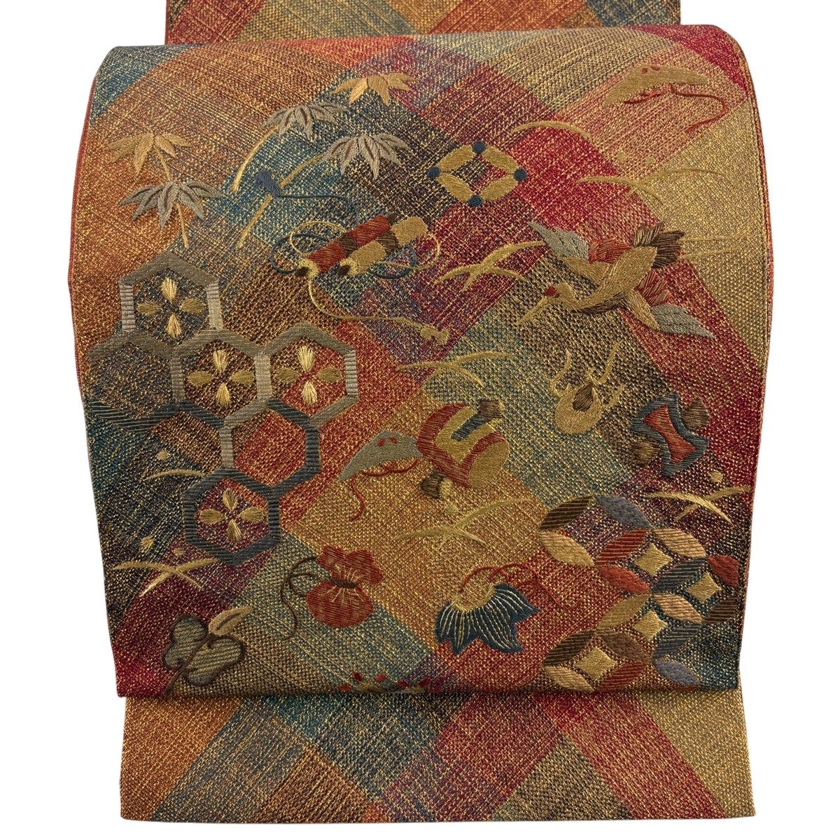 美品】 袋帯 秀品 宝尽くし 籠目 刺子刺繍 赤茶 お太鼓柄 正絹｜中古