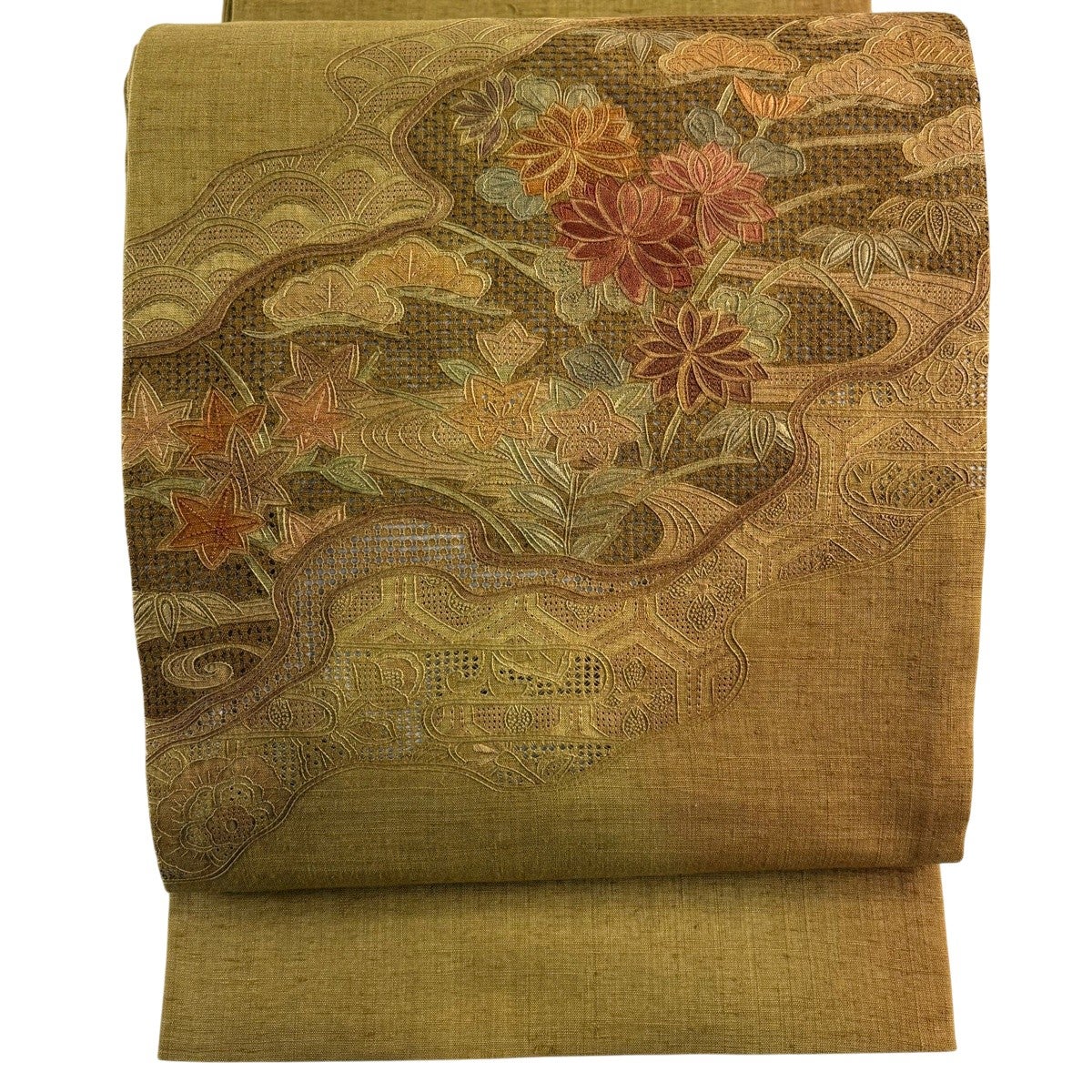 30%OFF 名古屋帯 秀品 紬地 草花 刺し子刺繍 薄オレンジ 正絹 K30