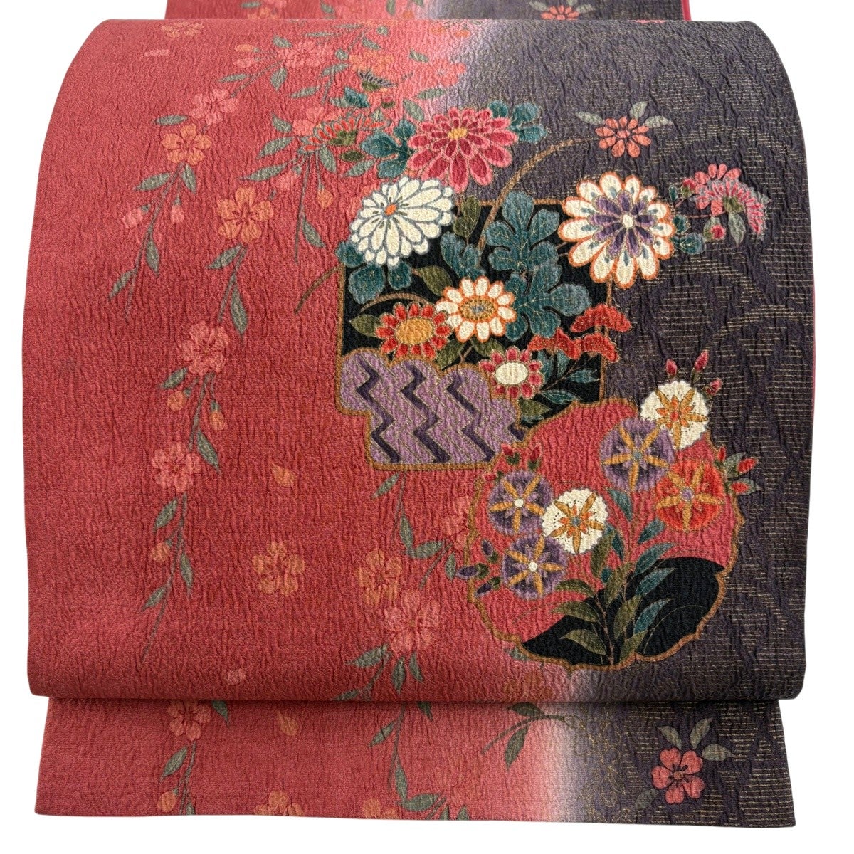 袋帯 秀品 破れ色紙 草花 金彩 赤紫 全通 正絹｜中古・古着