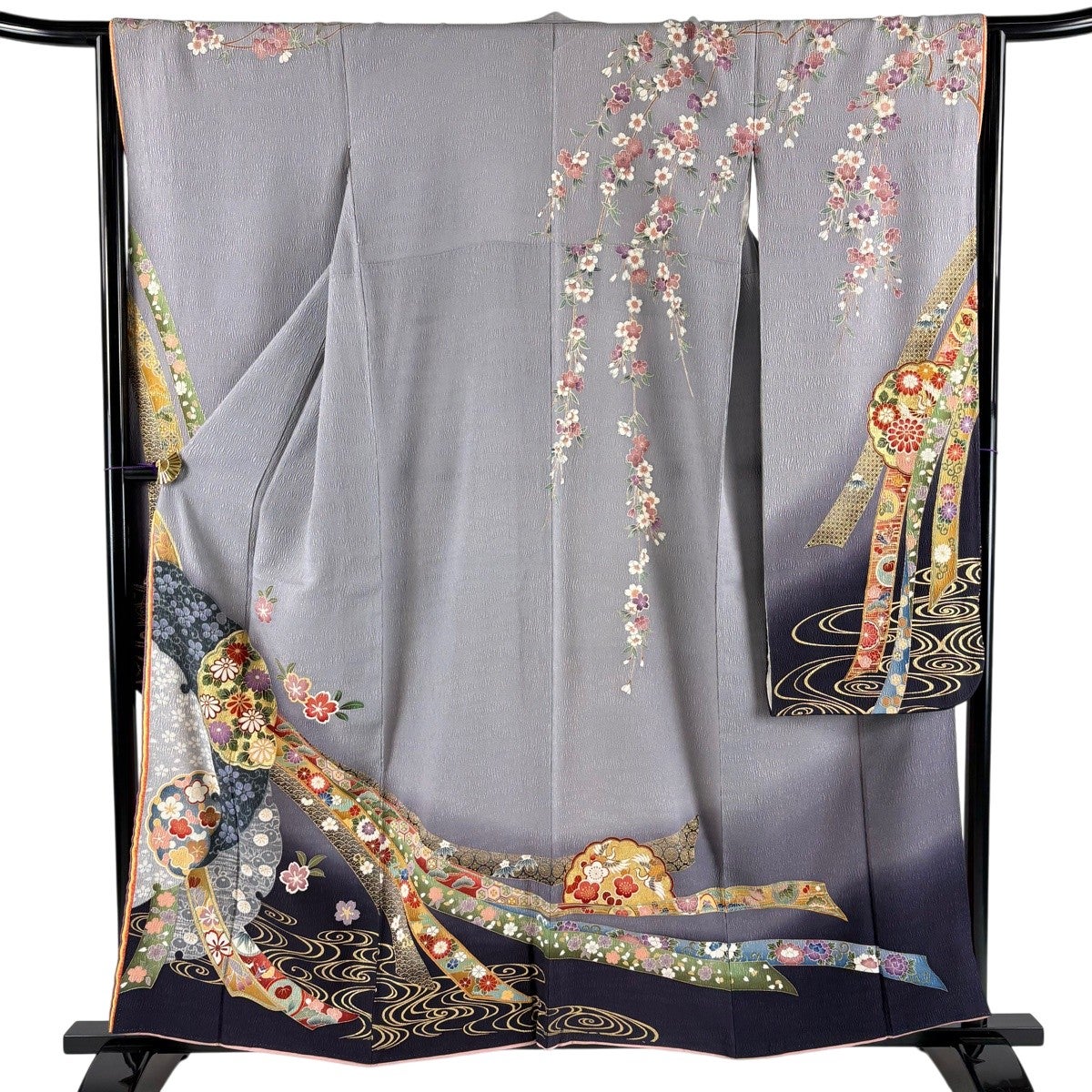 振袖 身丈168cm 裄丈67.5cm L 袷 桂由美 落款 薔薇 草花 箔 金銀彩