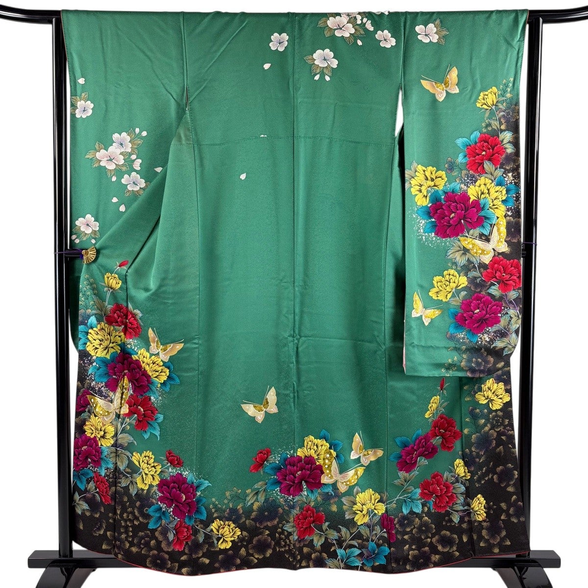 振袖 身丈158cm 裄丈64.5cm M 袷 蝶 牡丹 金糸 金銀彩 緑 正絹 秀品