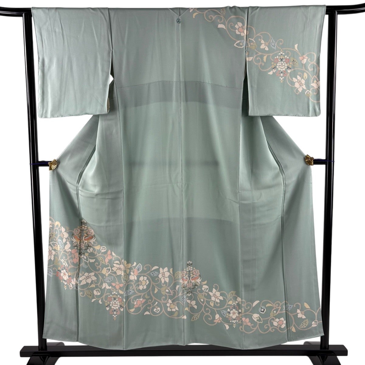 訪問着 身丈154cm 裄丈62.5cm S 袷 向い鳥 花唐草 金糸 薄緑 正絹 秀品
