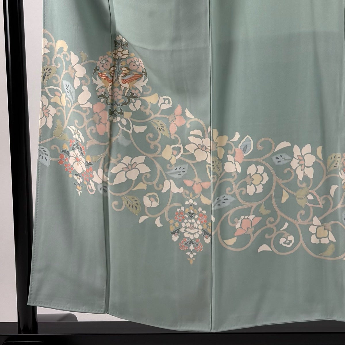 訪問着 身丈154cm 裄丈62.5cm S 袷 向い鳥 花唐草 金糸 薄緑 正絹 秀品