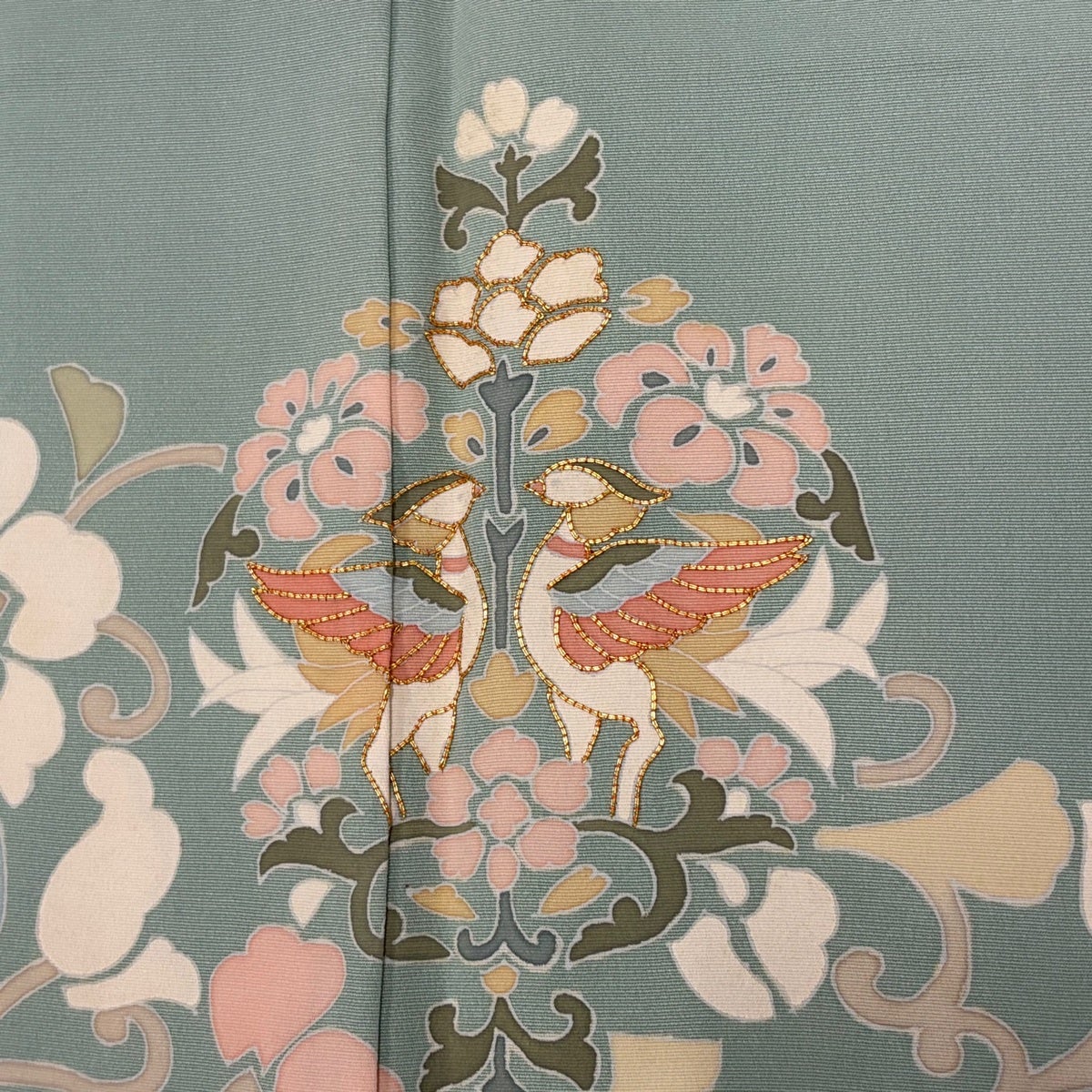 訪問着 美品 名品 一つ紋 花唐草 霞 金通し 薄緑 袷