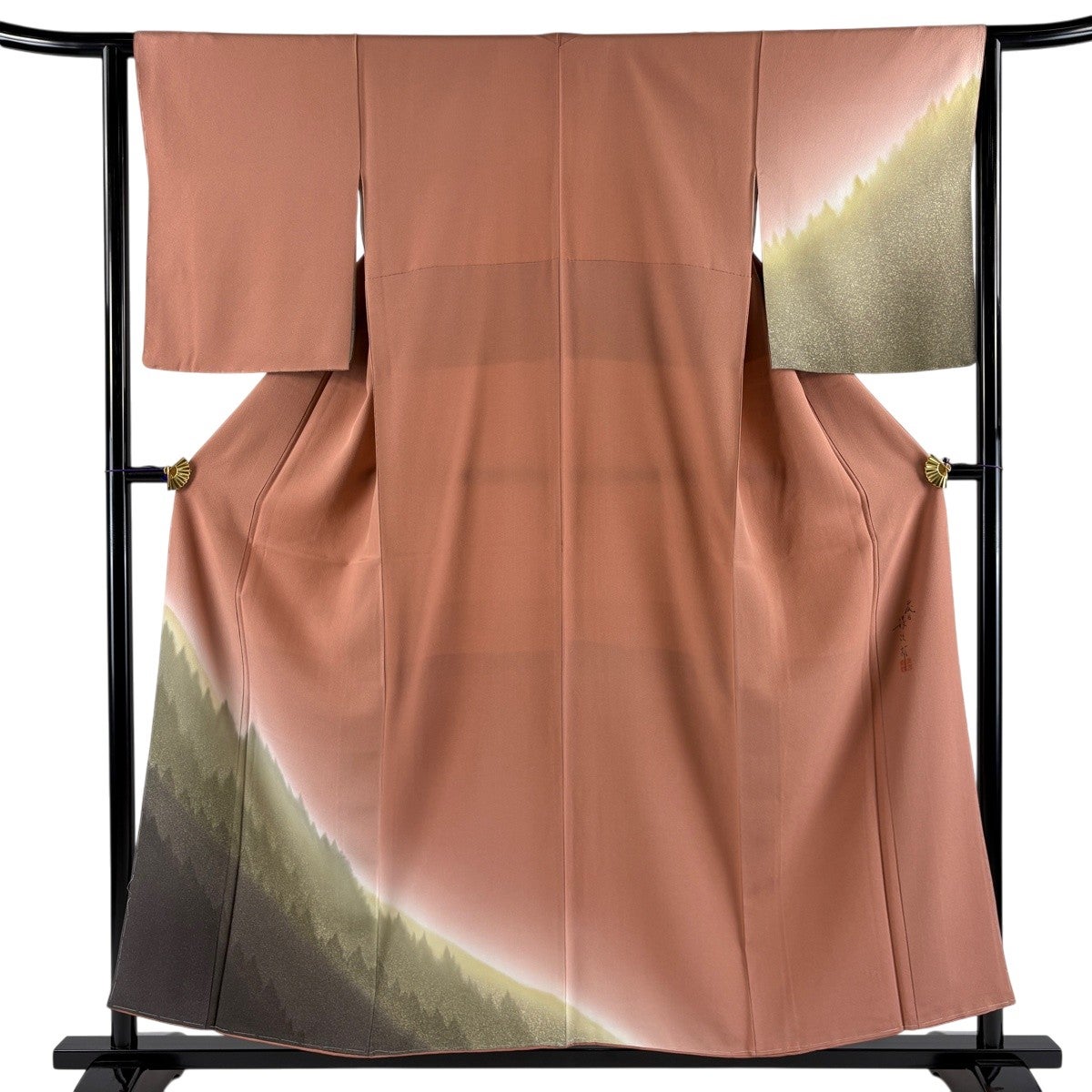 着物 作家物 浄山窯 紬 暖色ぼかし 茶色桜 草木染 身丈158cm 正絹 美品】 付下げ 身丈155.5cm 裄丈62.5cm S 袷 二代目清次郎 落款あり
