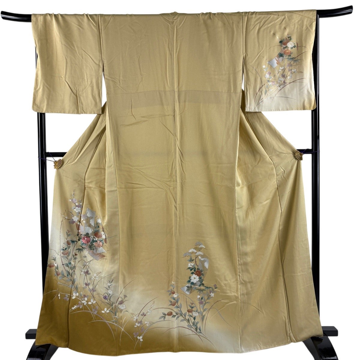 訪問着 身丈164cm 裄丈68cm L 袷 短冊 草花 金銀彩 刺繍 ベージュ 正絹