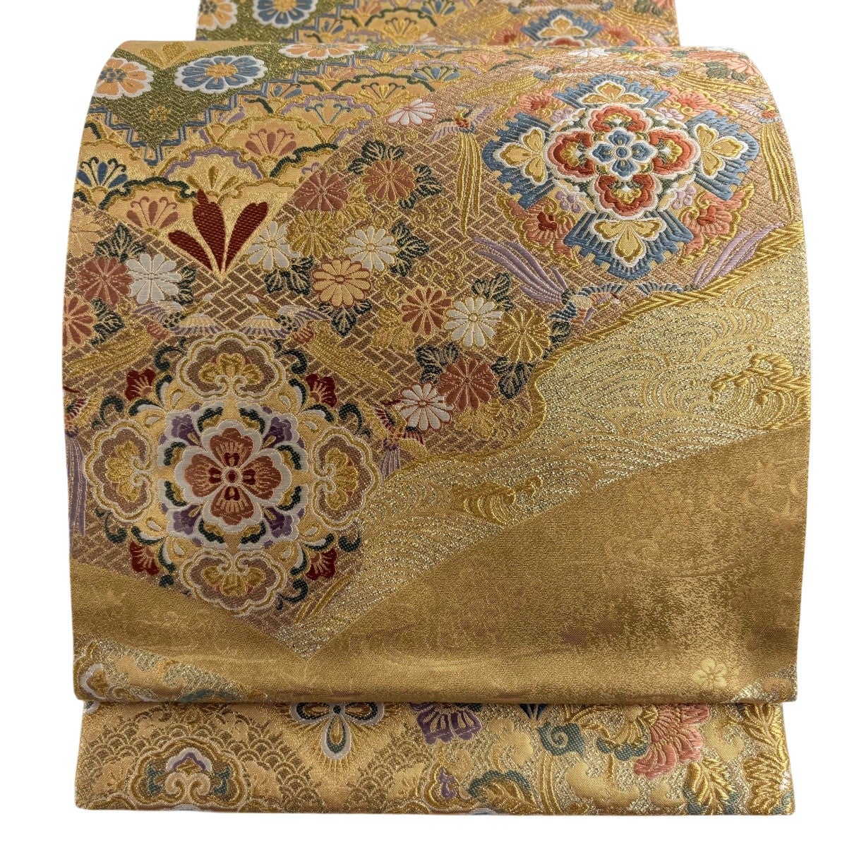 美品】 袋帯 秀品 華文 向かい鳥 唐織 箔 金色 六通 正絹｜中古・古着