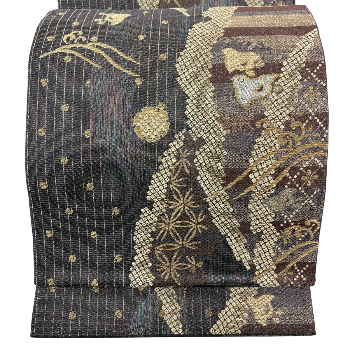美品】 袋帯 秀品 千鳥 雪芝 金糸 箔 墨色 六通 正絹｜中古・古着