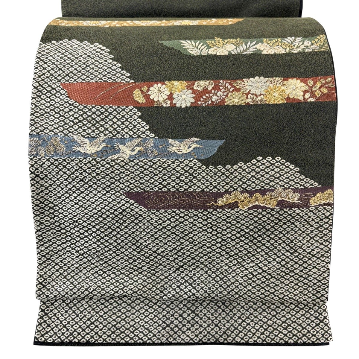 美品】 袋帯 秀品 花鳥 疋田 金糸 箔 深緑 お太鼓柄 正絹｜中古・古着