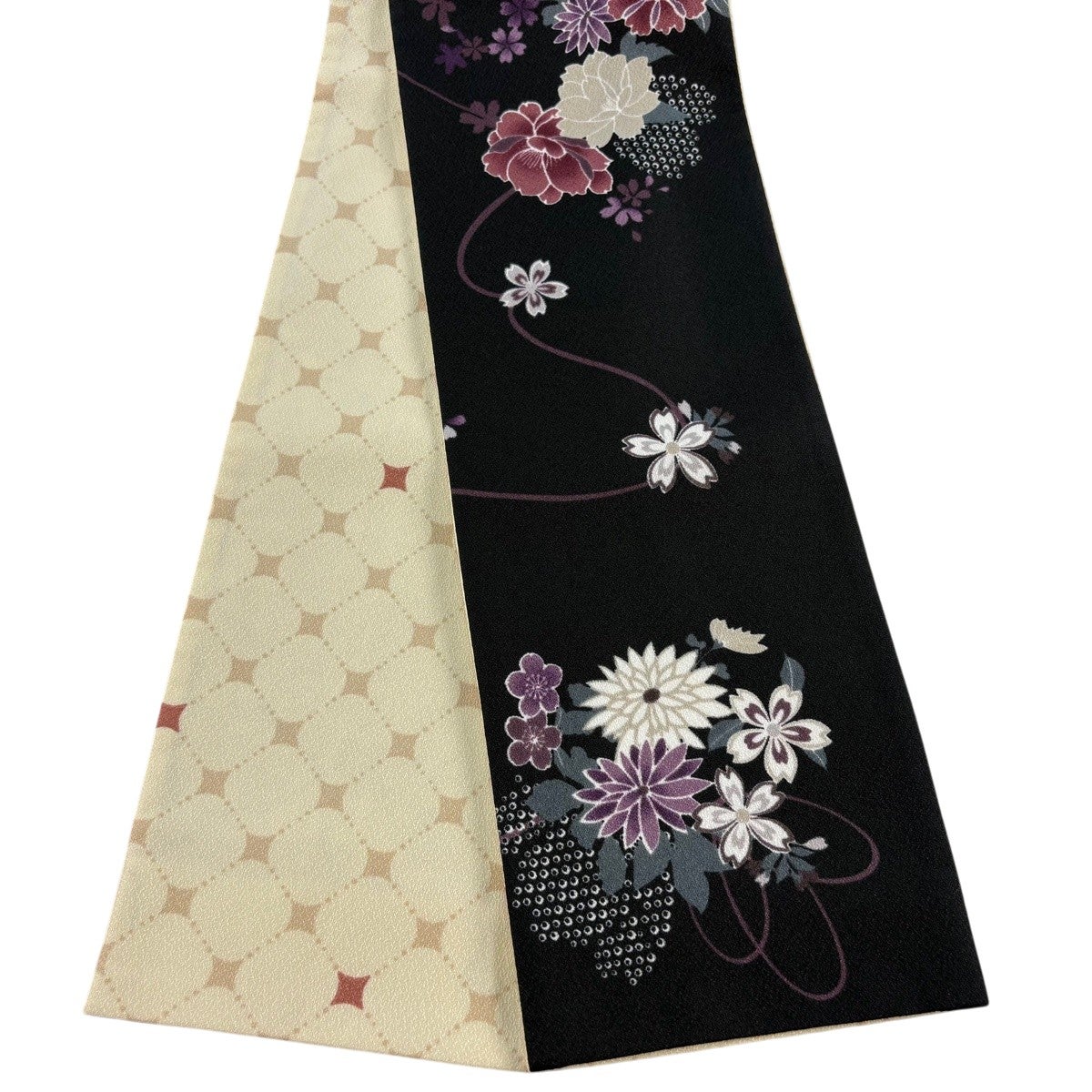 半幅帯 優品 菊 桜 黒 化繊｜中古・古着・リサイクル着物通販