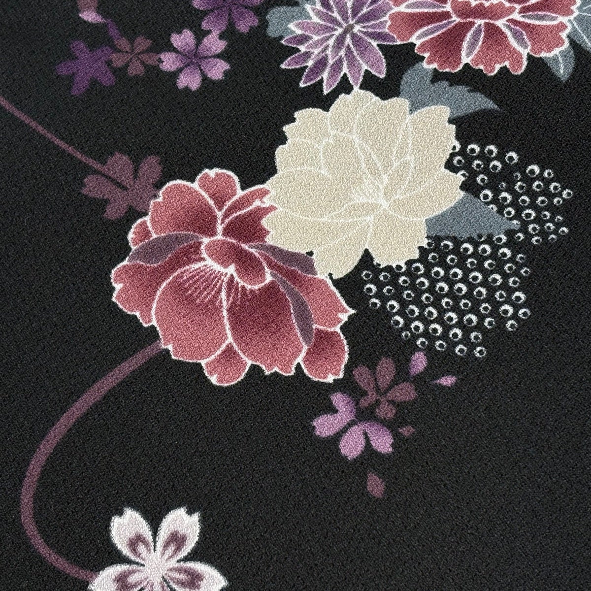 半幅帯 優品 菊 桜 黒 化繊｜中古・古着・リサイクル着物通販