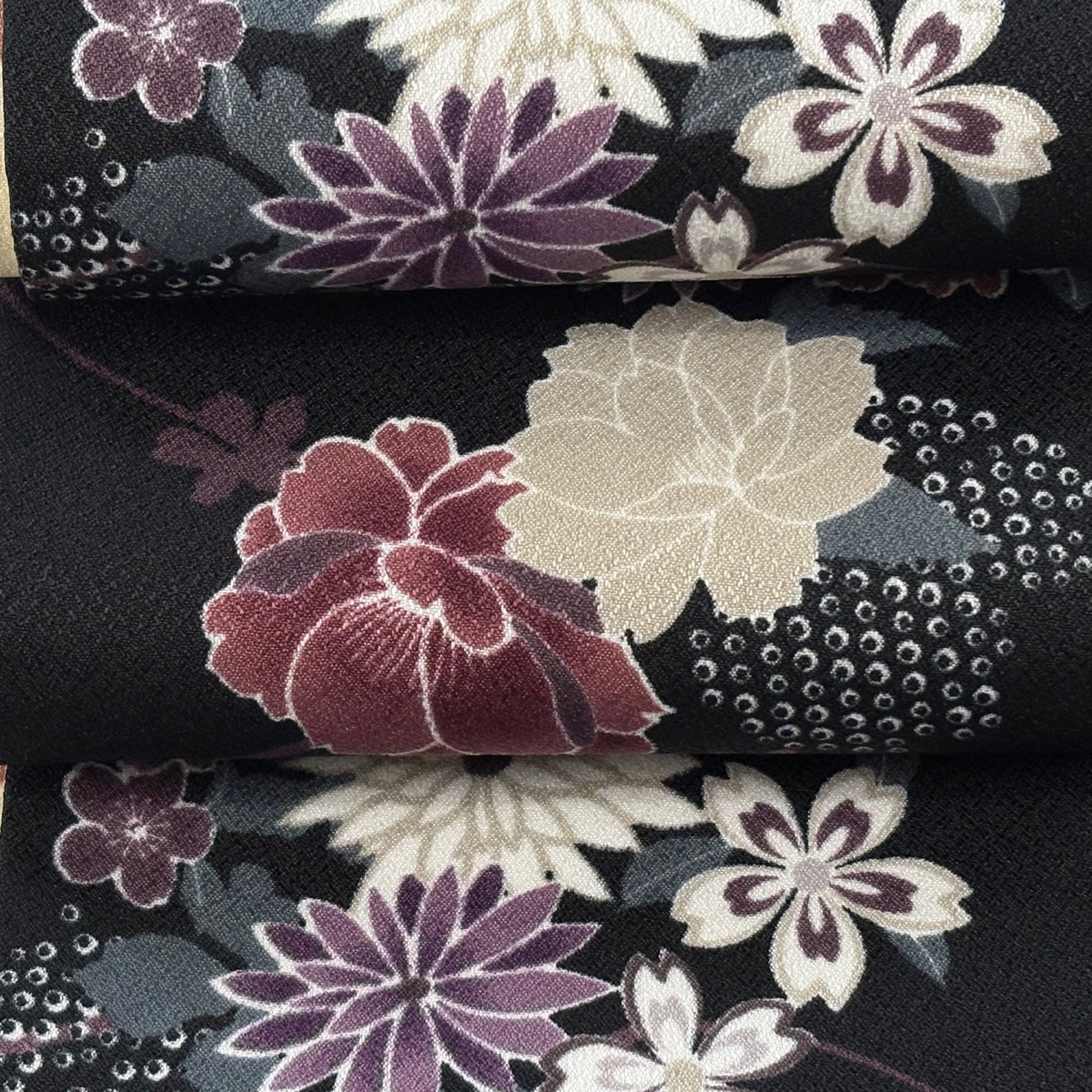 半幅帯 優品 菊 桜 黒 化繊｜中古・古着・リサイクル着物通販