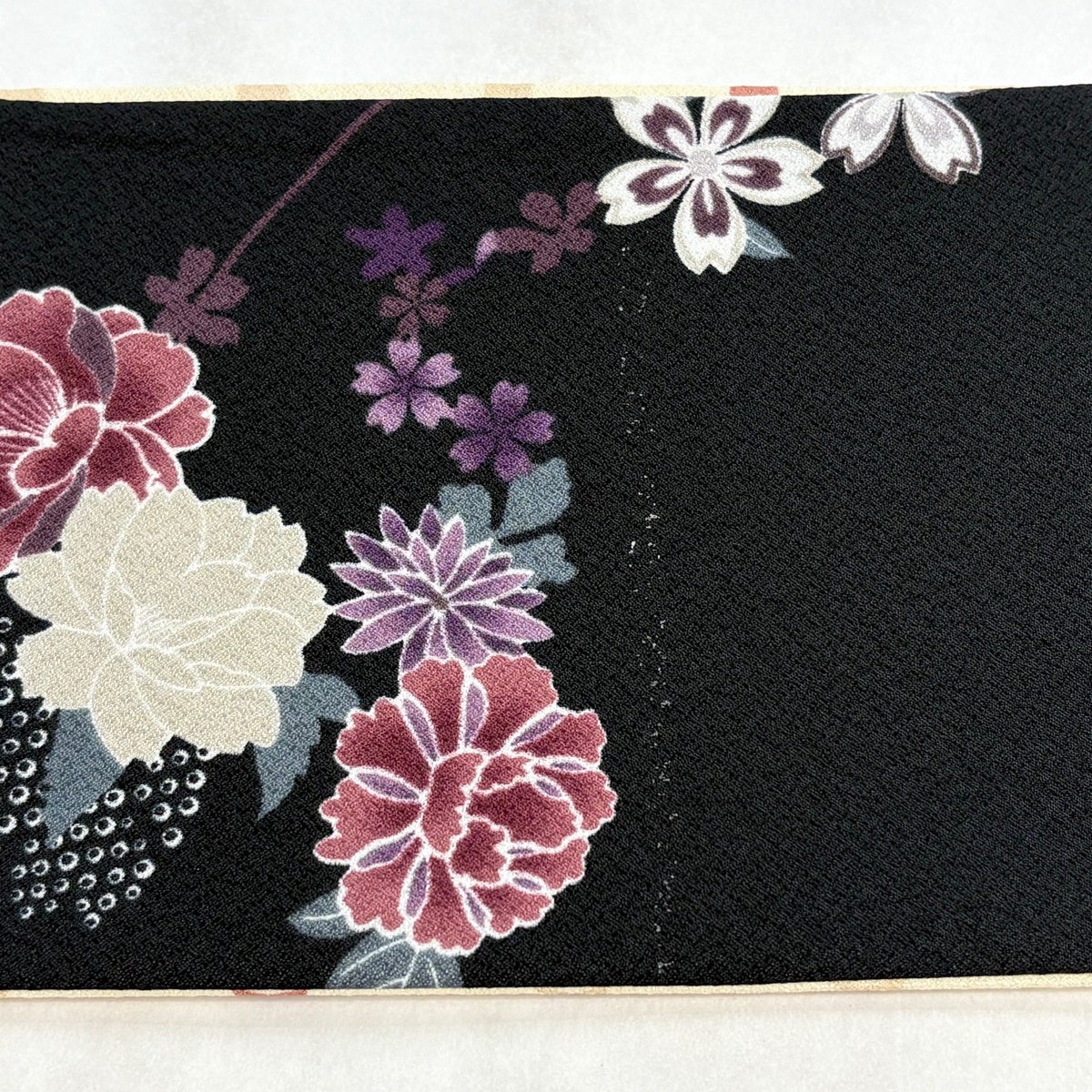 最終価格】 70%OFF 半幅帯 優品 菊 桜 黒 化繊 K70｜中古・古着