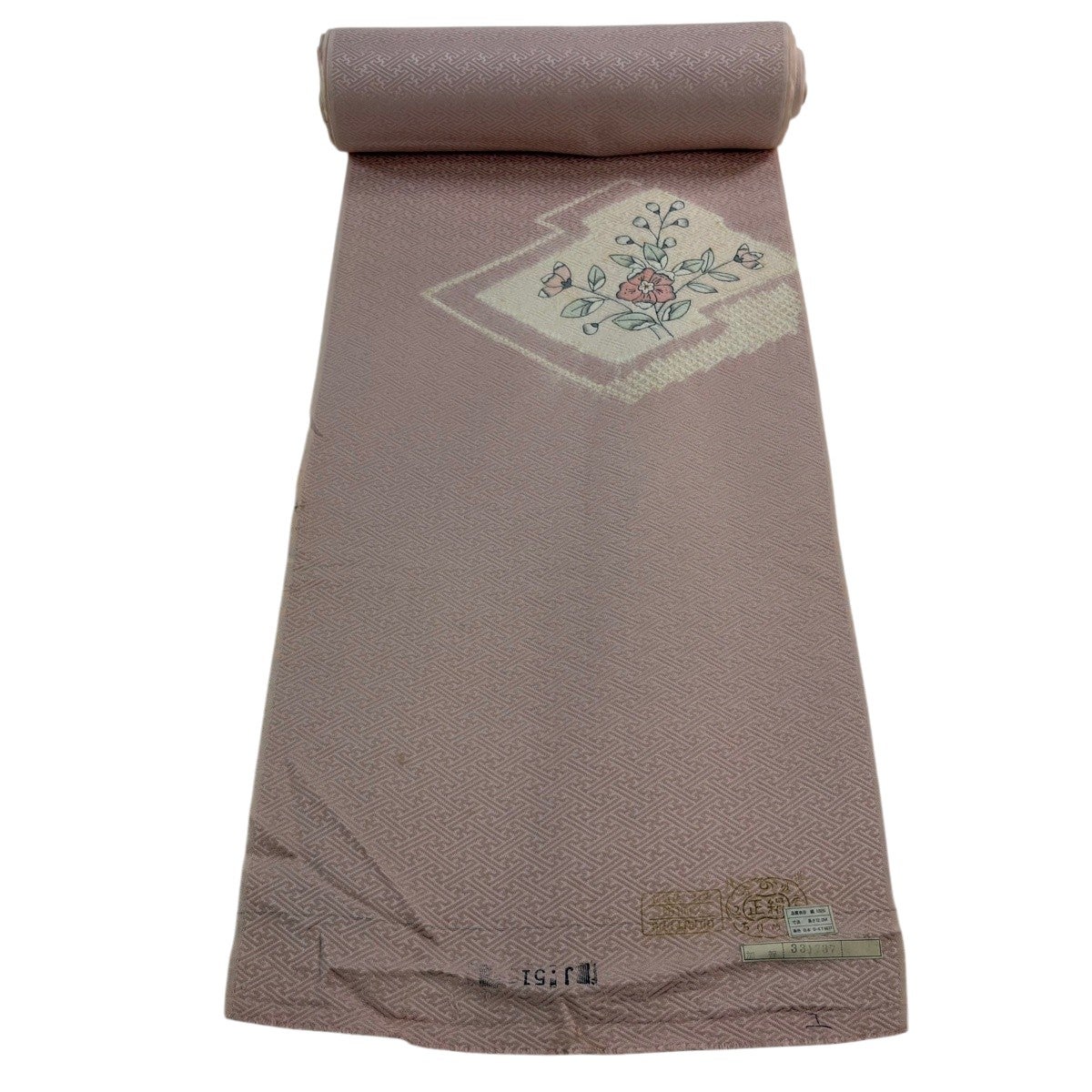 反物 秀品 付下げ 証紙有 紬地 草花 松皮菱 金彩 薄茶色 正絹｜中古