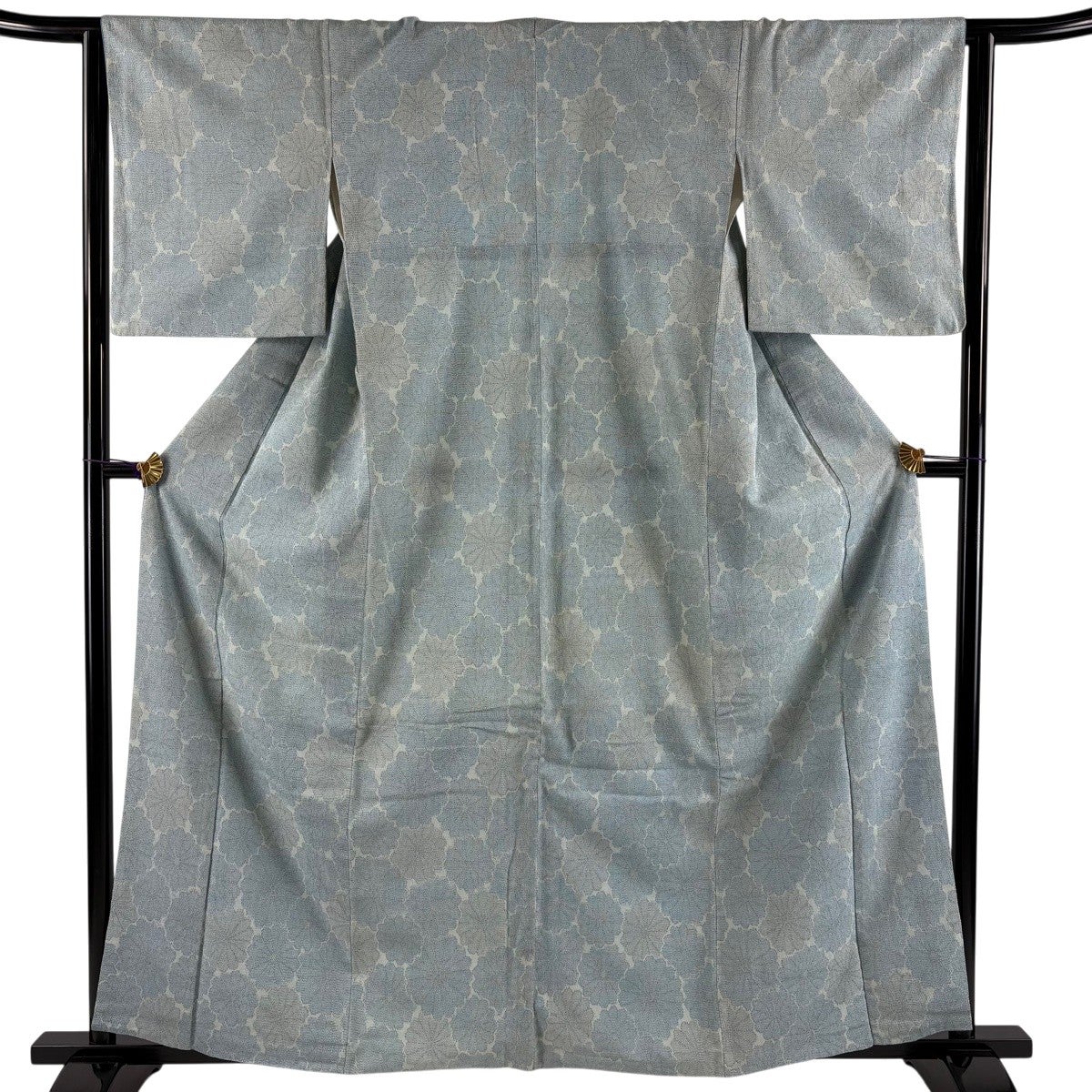 紬 身丈161.5cm 裄丈63.5cm S 袷 花尽くし 水色 正絹 秀品｜中古・古着