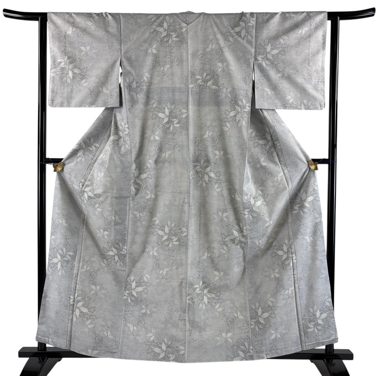 紬 身丈160cm 裄丈63cm S 袷 葉と実 灰色 正絹 秀品｜中古・古着