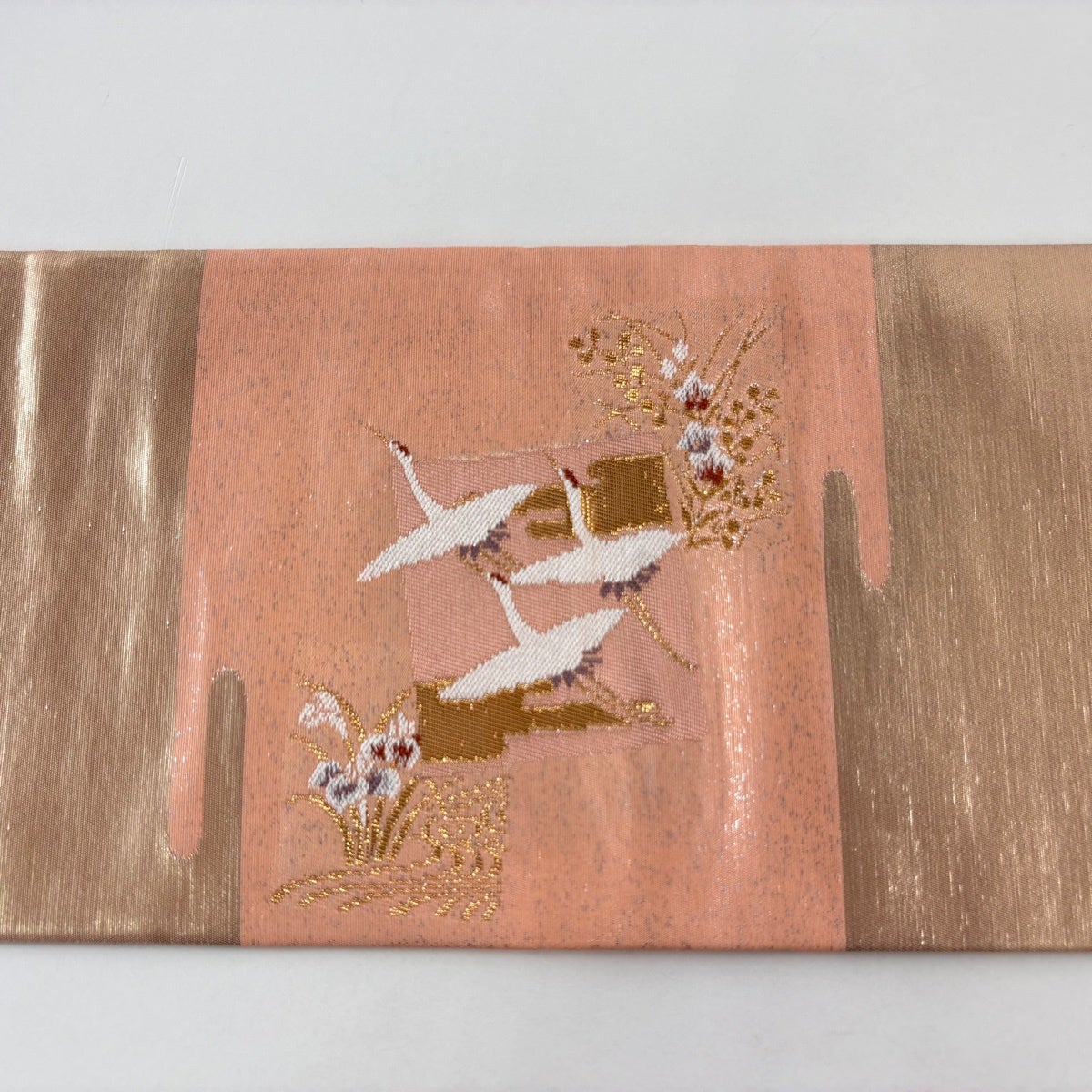 名古屋帯 優品 関西仕立て 色紙 鶴 箔 サーモンピンク 正絹｜中古