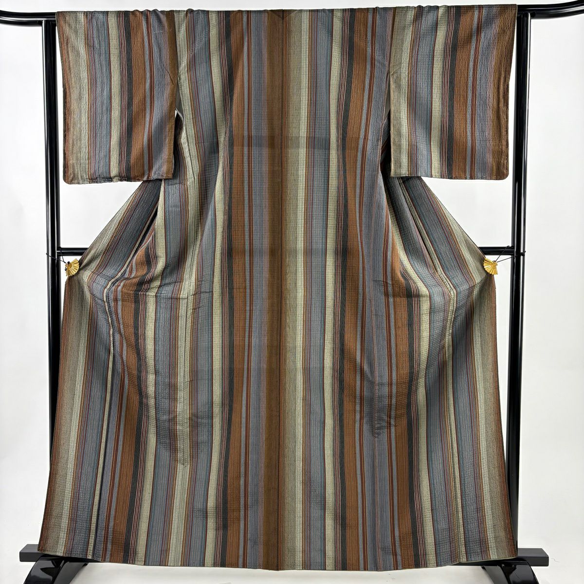 美品】 お召 身丈162cm 裄丈62.5cm S 袷 しじら御召 縞 灰緑 正絹 名品