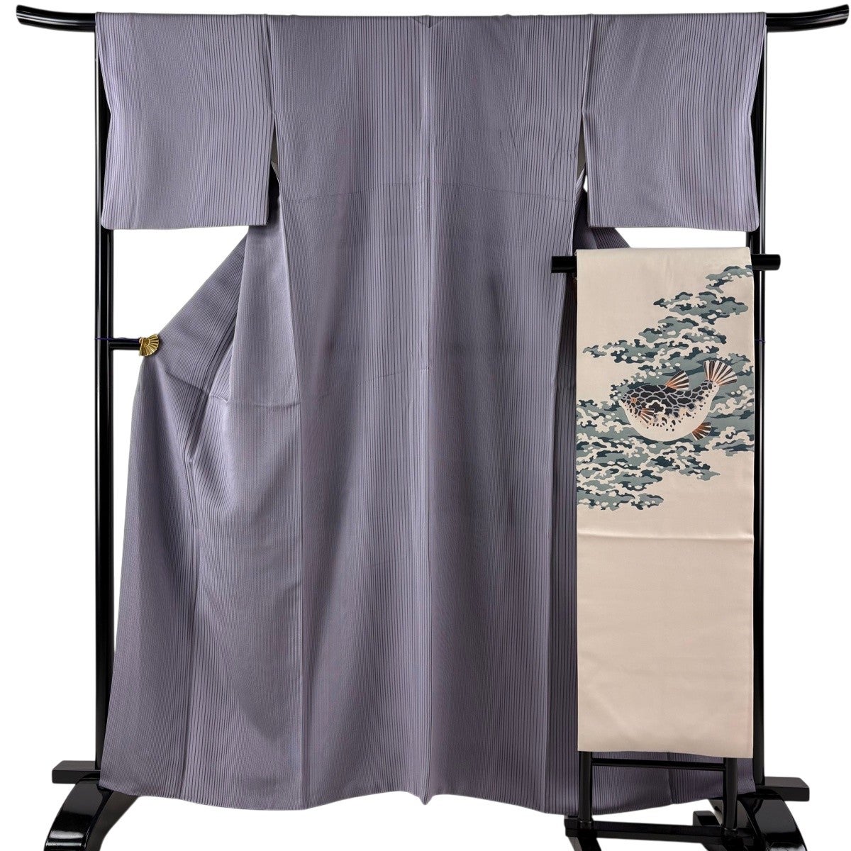 美品】 小紋 身丈160cm 裄丈66.5cm M 袷 名古屋帯セット 縦縞 紫根染