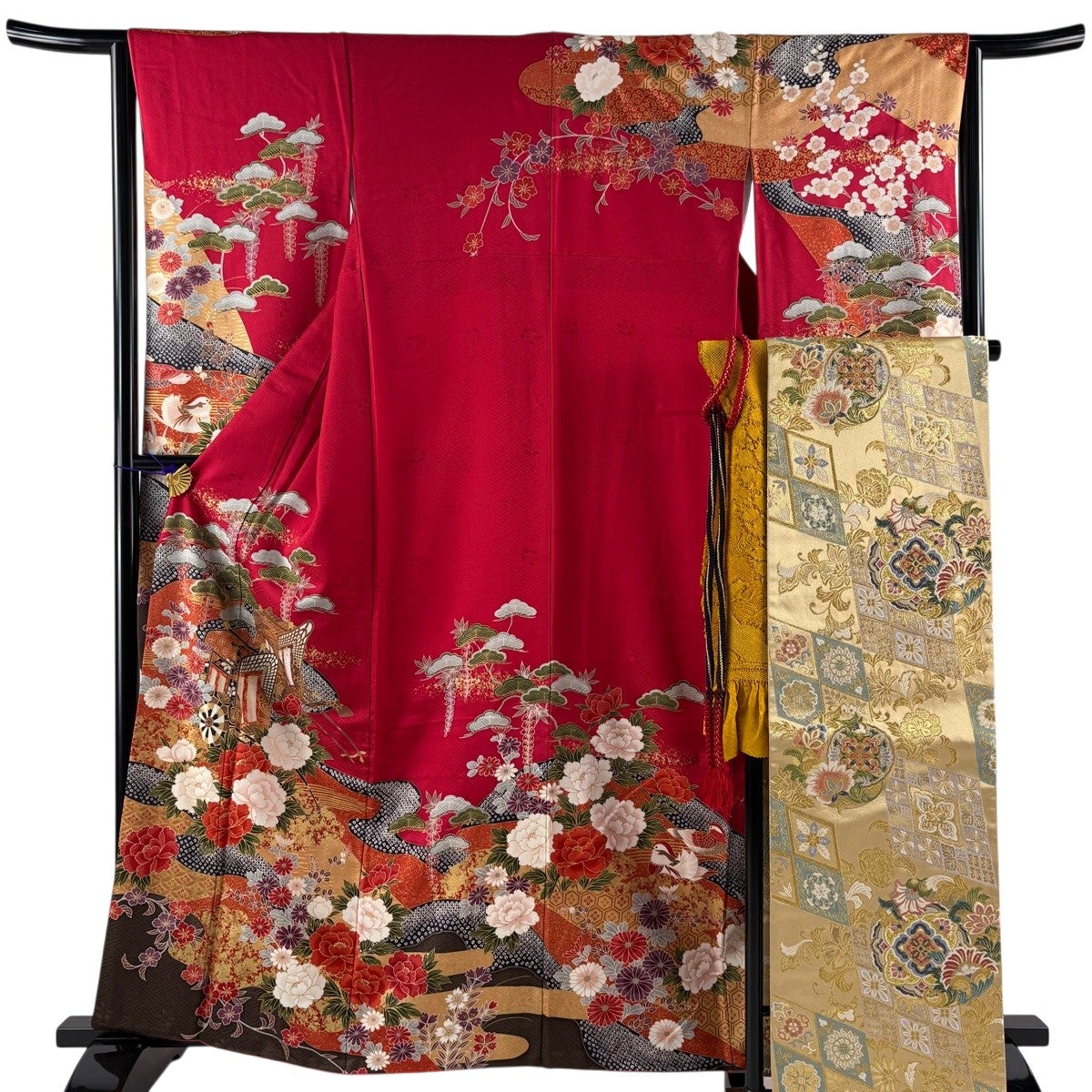 振袖 身丈164cm 裄丈65.5cm M 袷 岩田専太郎 落款あり 桜 蝶 刺繍 金彩