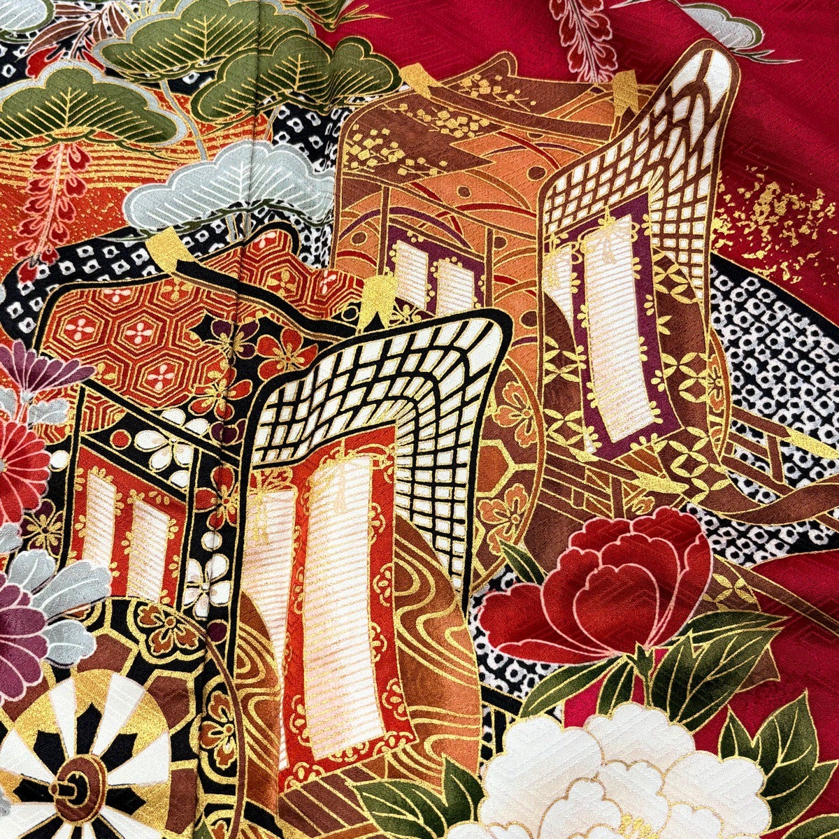 【美品】 振袖 身丈160cm 裄丈63cm 正絹 秀品 【中古】 30%OFF 振袖 身丈160.5cm 裄丈63cm S 袷 袋帯フルセット 御所車 椿
