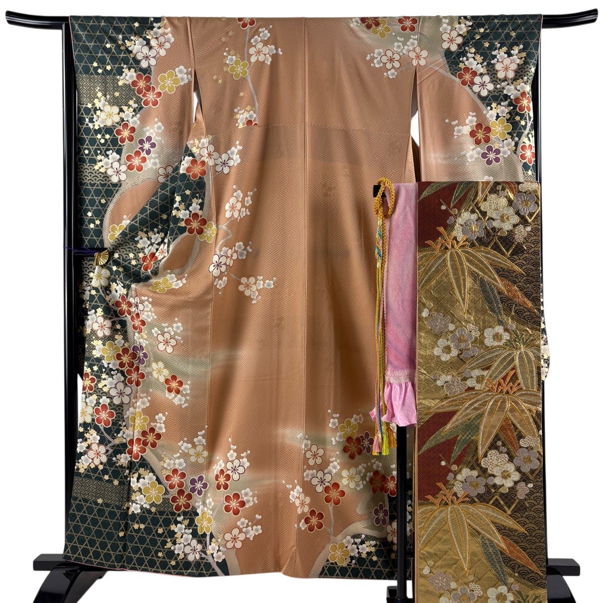 美品】 振袖 身丈166cm 裄丈67cm M 袷 袋帯フルセット 草花 銀通し