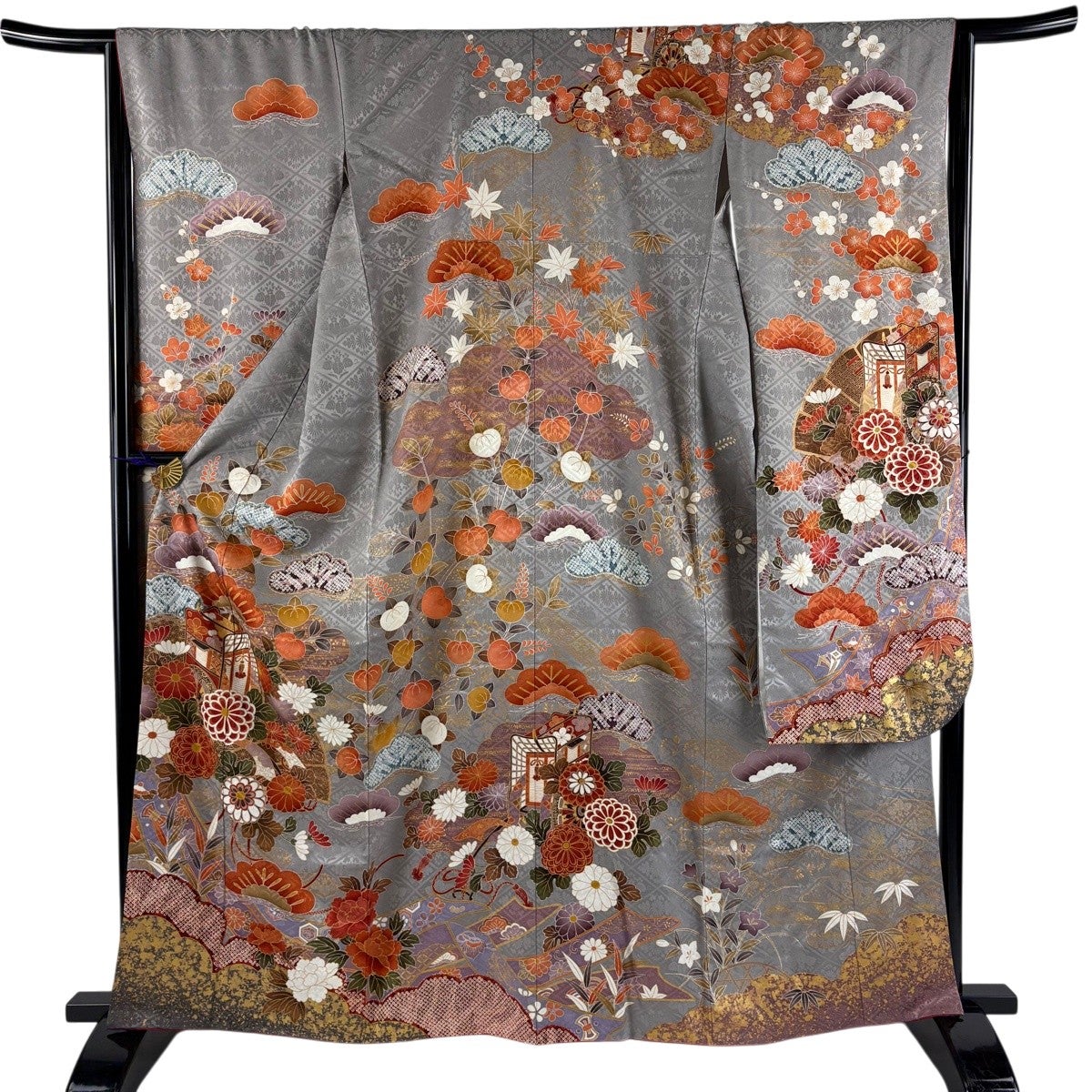 振袖 身丈162.5cm 裄丈65cm M 袷 御所車 菊 金彩 灰色 正絹 秀品｜中古