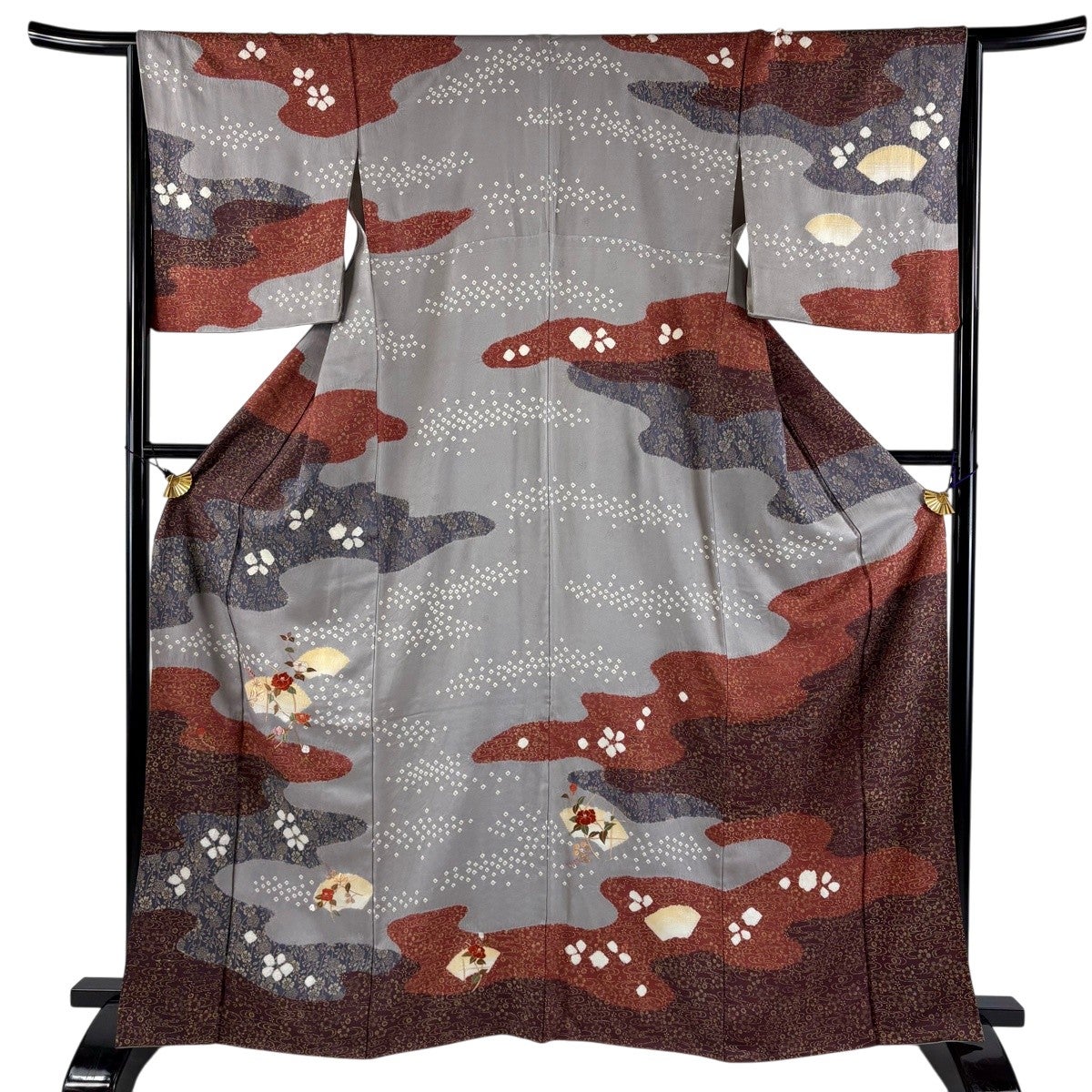 振袖 美品 逸品 身丈163cm 裄丈65cm 正絹 【中古】 振袖 身丈163cm 裄丈65cm M 袷 草花 流水 金通し 濃紫 正絹 名品｜中古