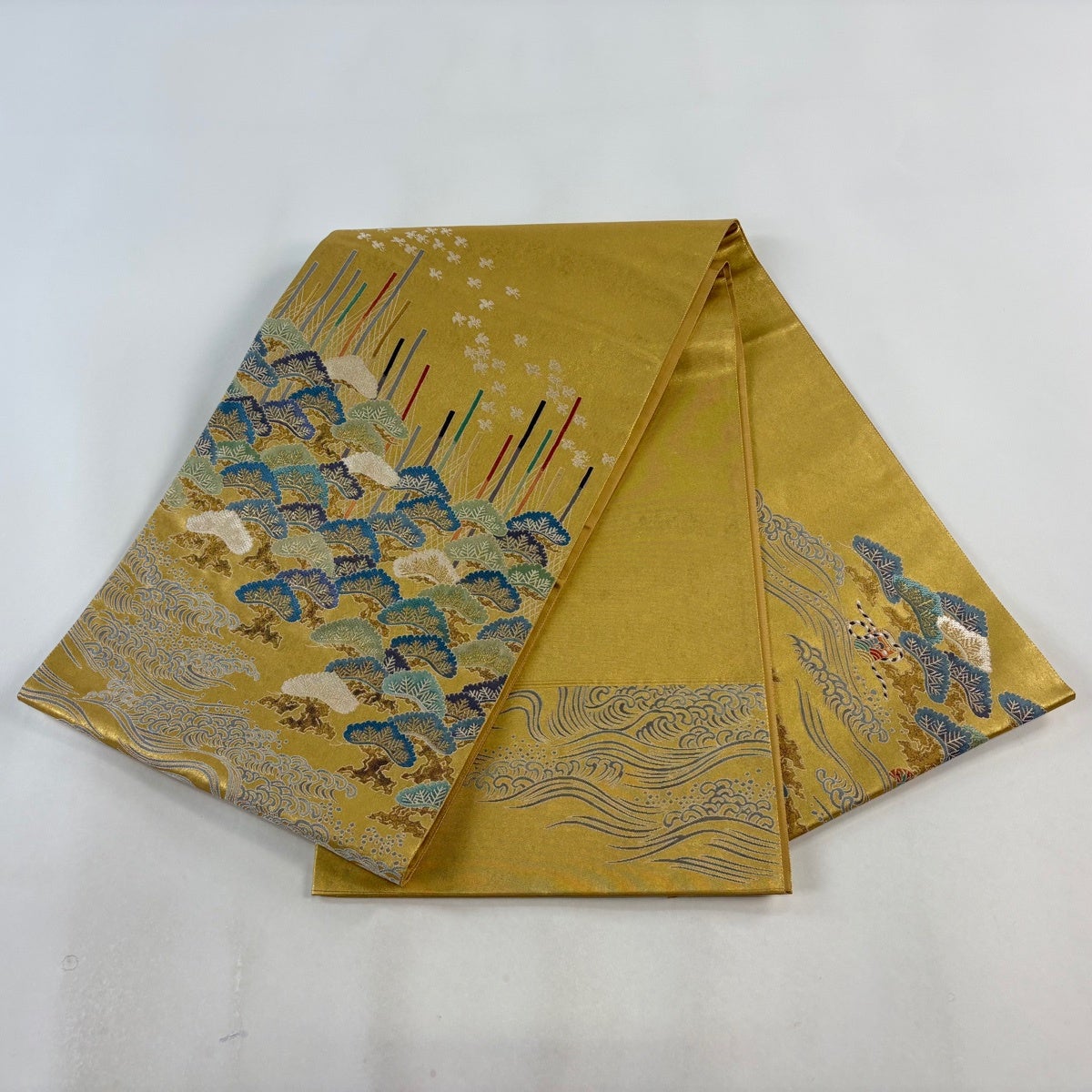 H-589 袋帯 正絹 お太鼓柄 金糸 鶴 松 佐賀錦 美品】 袋帯 逸品 落款あり 熊谷好博子監修 関西仕立て 笠松 波 金糸