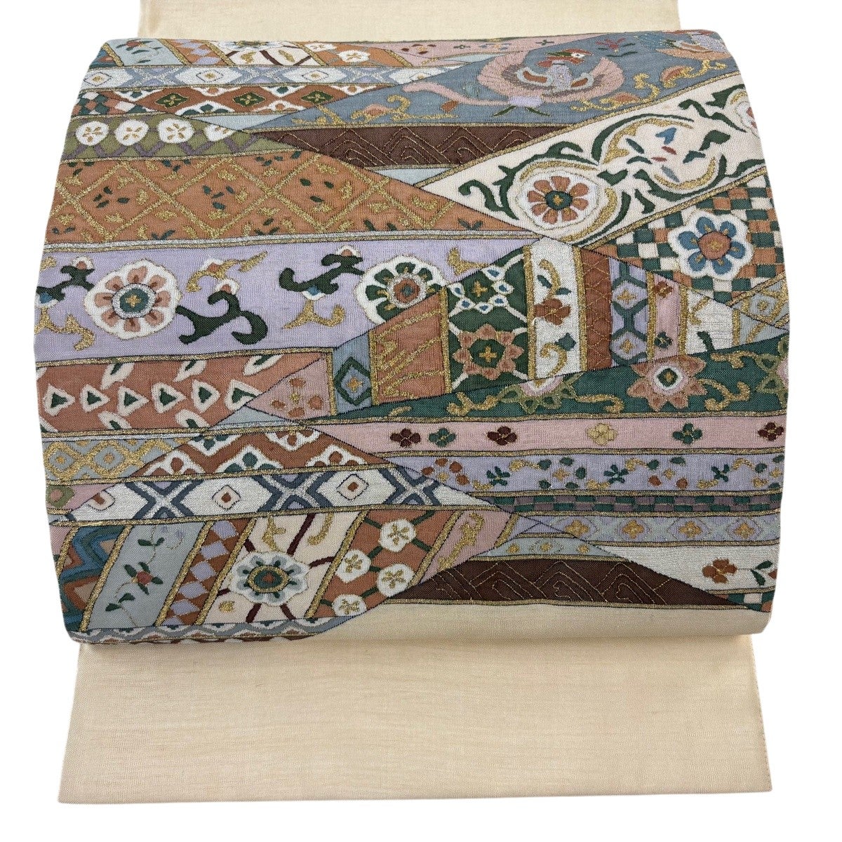 袋帯 逸品 花鳥 華文 金糸 綴れ ベージュ お太鼓柄 正絹｜中古・古着