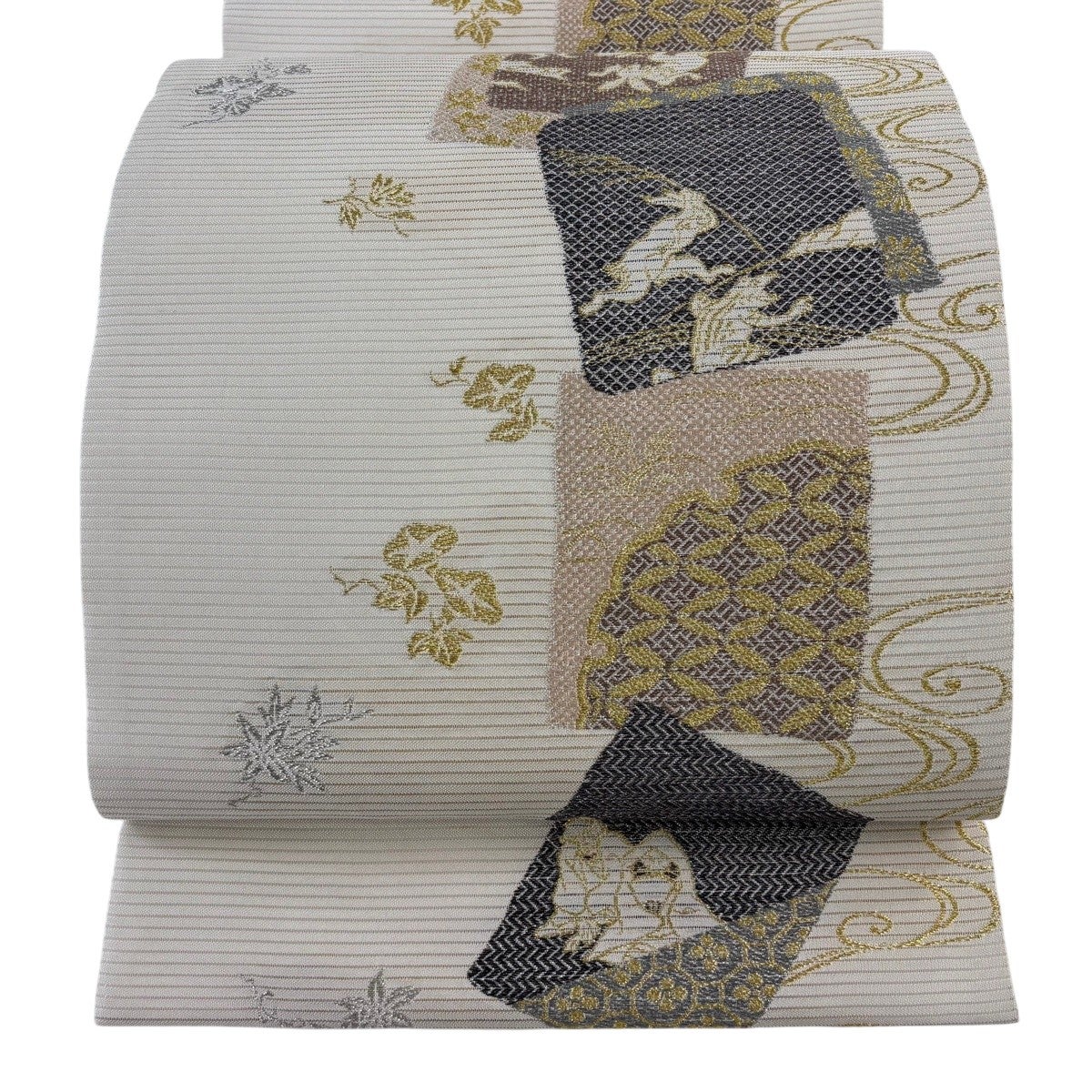 夏帯 袋帯 六通 金銀糸 美品】 袋帯 逸品 やまと 夏帯 絽 鳥獣戯画 色紙 金銀糸 ベージュ 六通