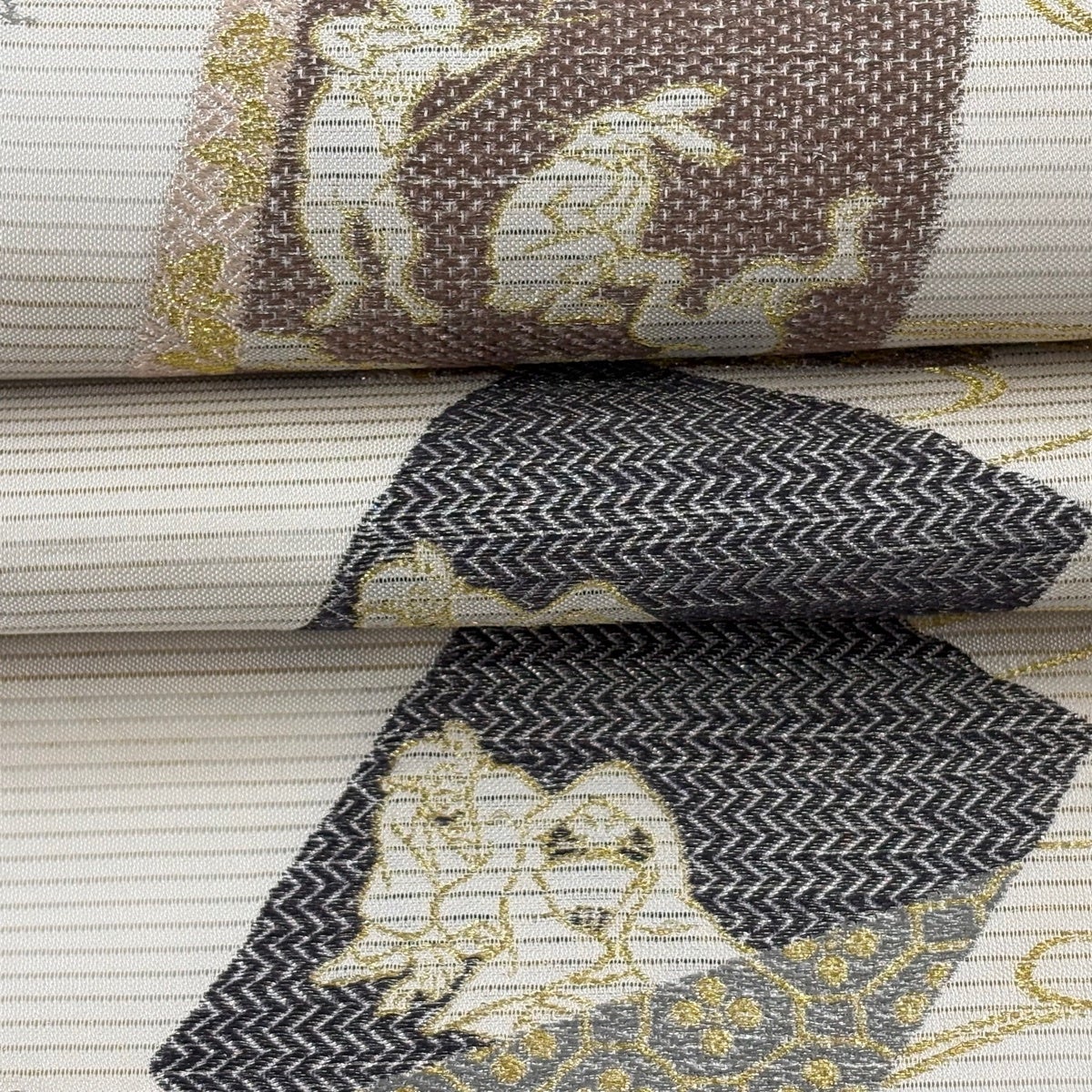 美品】 袋帯 逸品 やまと 夏帯 絽 鳥獣戯画 色紙 金銀糸 ベージュ 六通