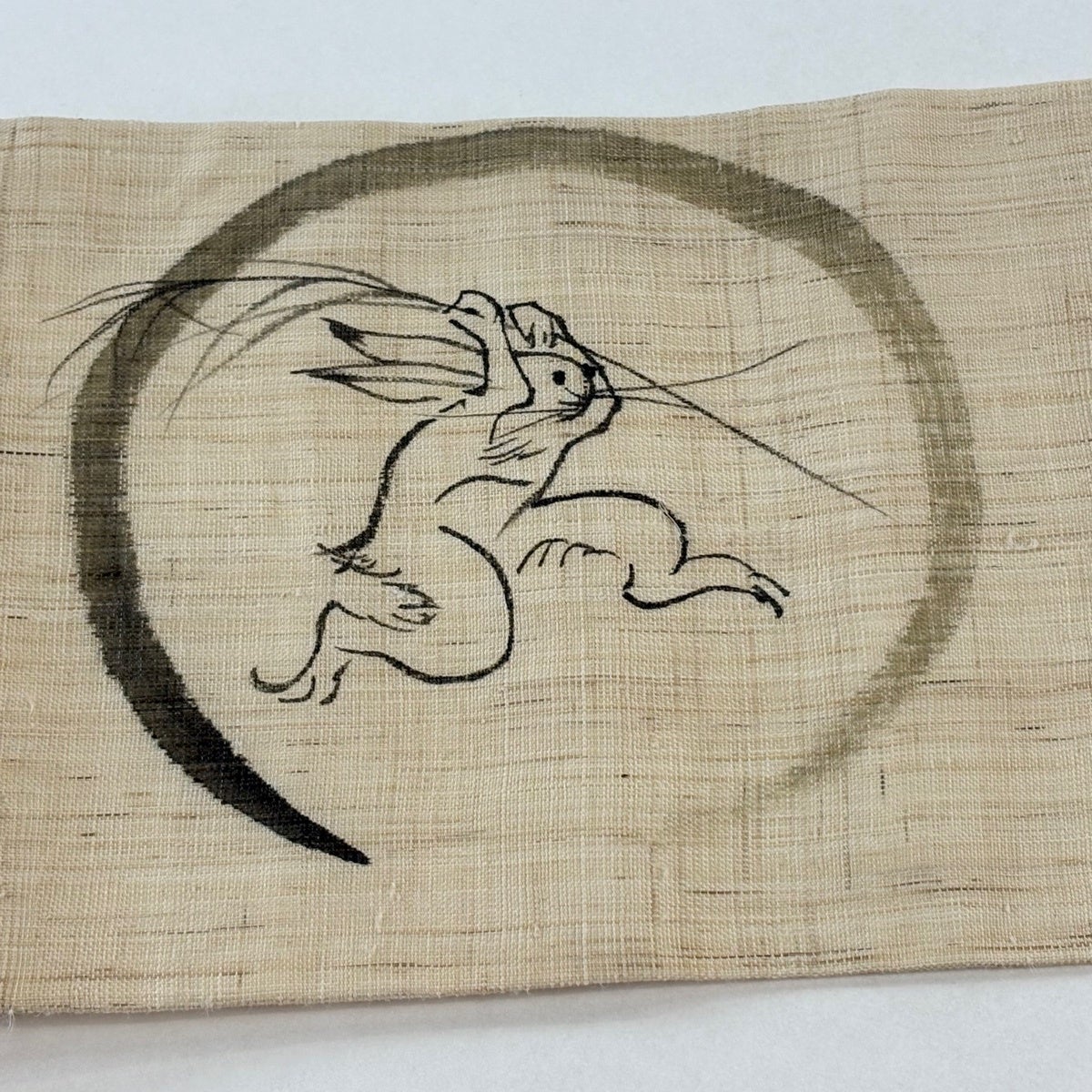 名古屋帯 逸品 夏帯 紬地 鳥獣戯画 丸 薄茶色 正絹｜中古・古着