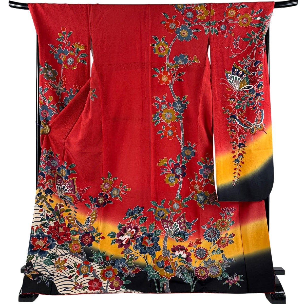振袖 身丈171cm 裄丈70.5cm L 袷 蝶 桜 染め分け 朱色 正絹 名品｜中古