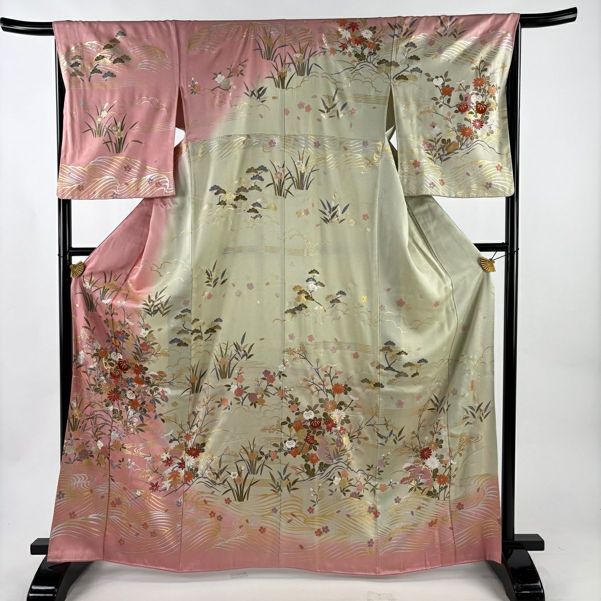 しつけ付　超美品　正絹　袷　訪問着　ペールオレンジ　トール　着丈165裄66 訪問着 身丈160cm 裄丈66.5cm M 袷 落款あり 草花 熨斗 薄オレンジ