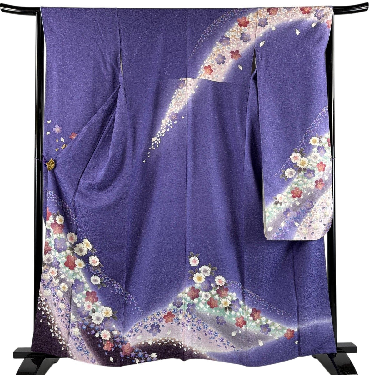 振袖 身丈162cm 裄丈64.5cm M 袷 桜 花びら 銀通し 金糸 紫 正絹 名品