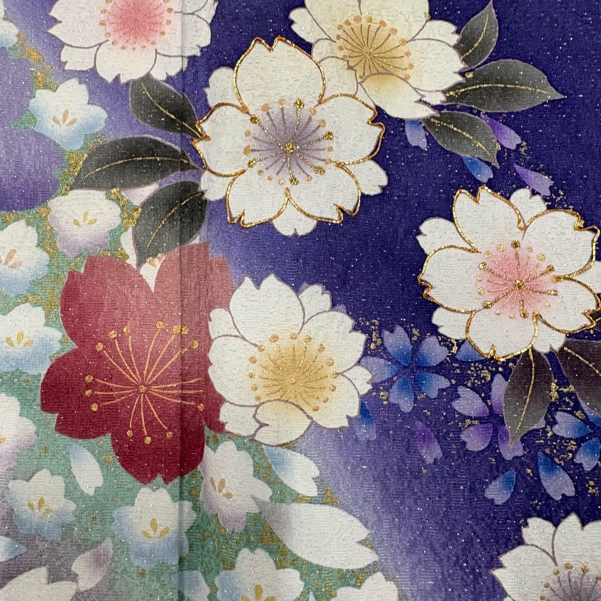 振袖 身丈162cm 裄丈64.5cm M 袷 桜 花びら 銀通し 金糸 紫 正絹 名品