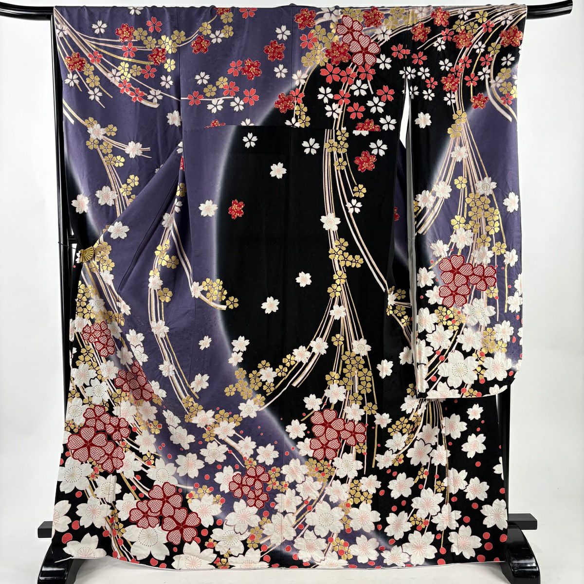 美品 振袖 身丈168cm 裄丈68cm L 袷 鈴 草花 金通し 金彩 黒