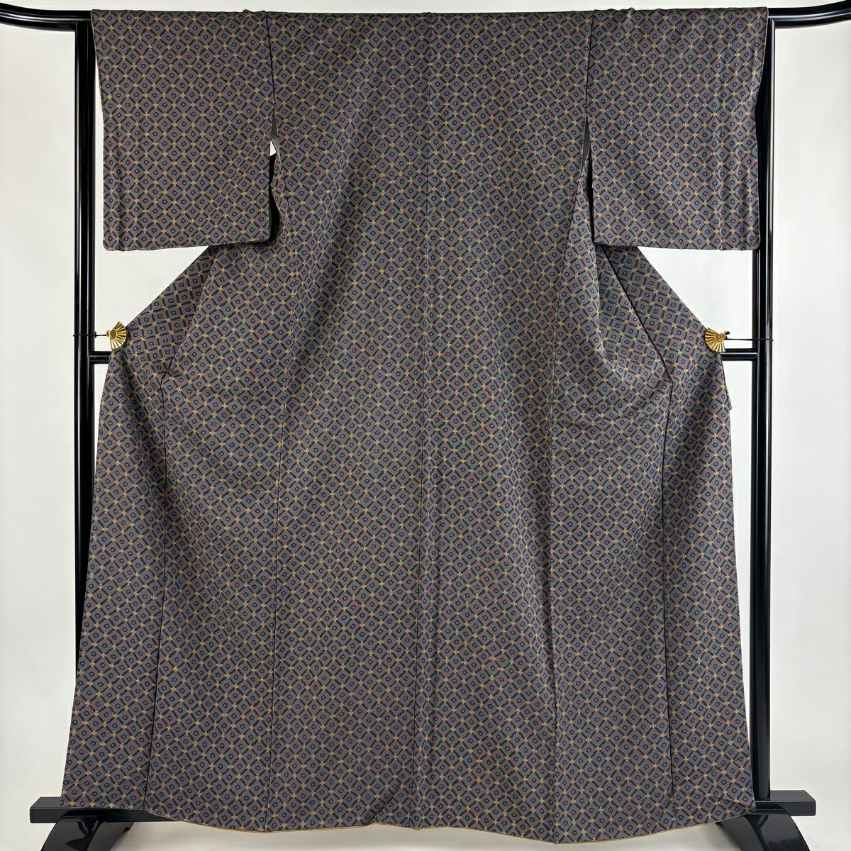 美品】 小紋 身丈162.5cm 裄丈65.5cm M 袷 格子柄 えんじ色 正絹 秀品