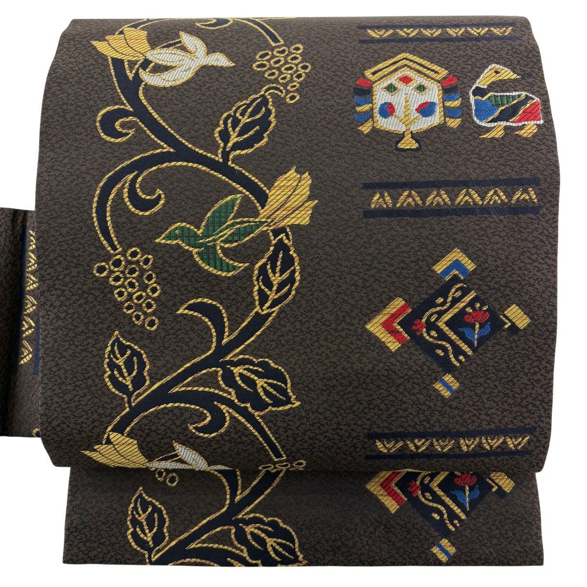 美品】 名古屋帯 秀品 葡萄唐草 鳥 焦茶色 正絹｜中古・古着