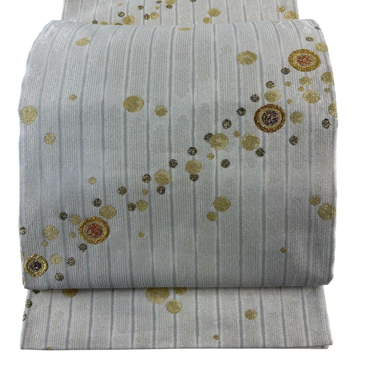 美品】 袋帯 秀品 格子 花丸文 金銀糸 刺繍 灰茶 六通 正絹｜中古