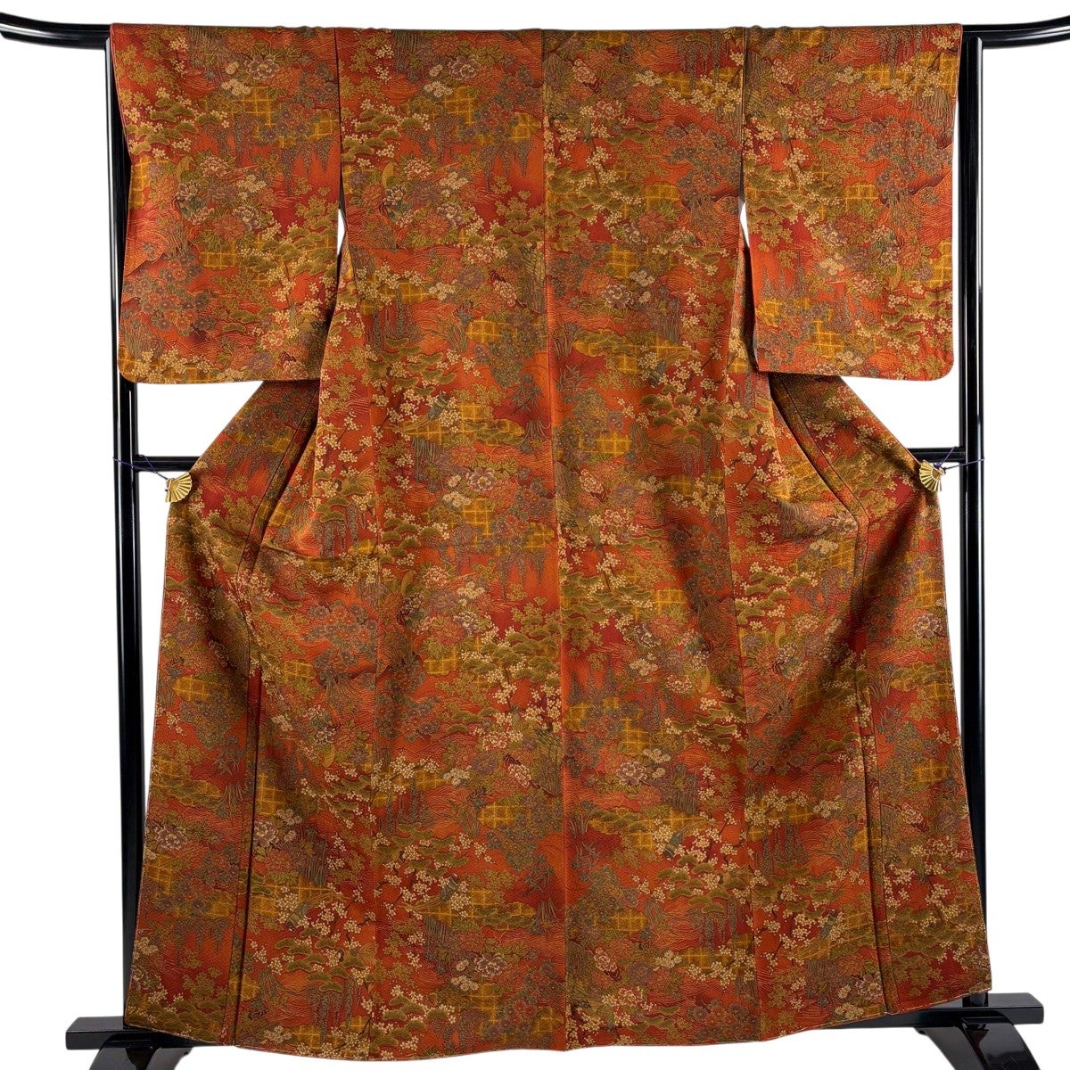 美品】 小紋 身丈154cm 裄丈66cm M 袷 草花 赤茶 正絹 優品｜中古
