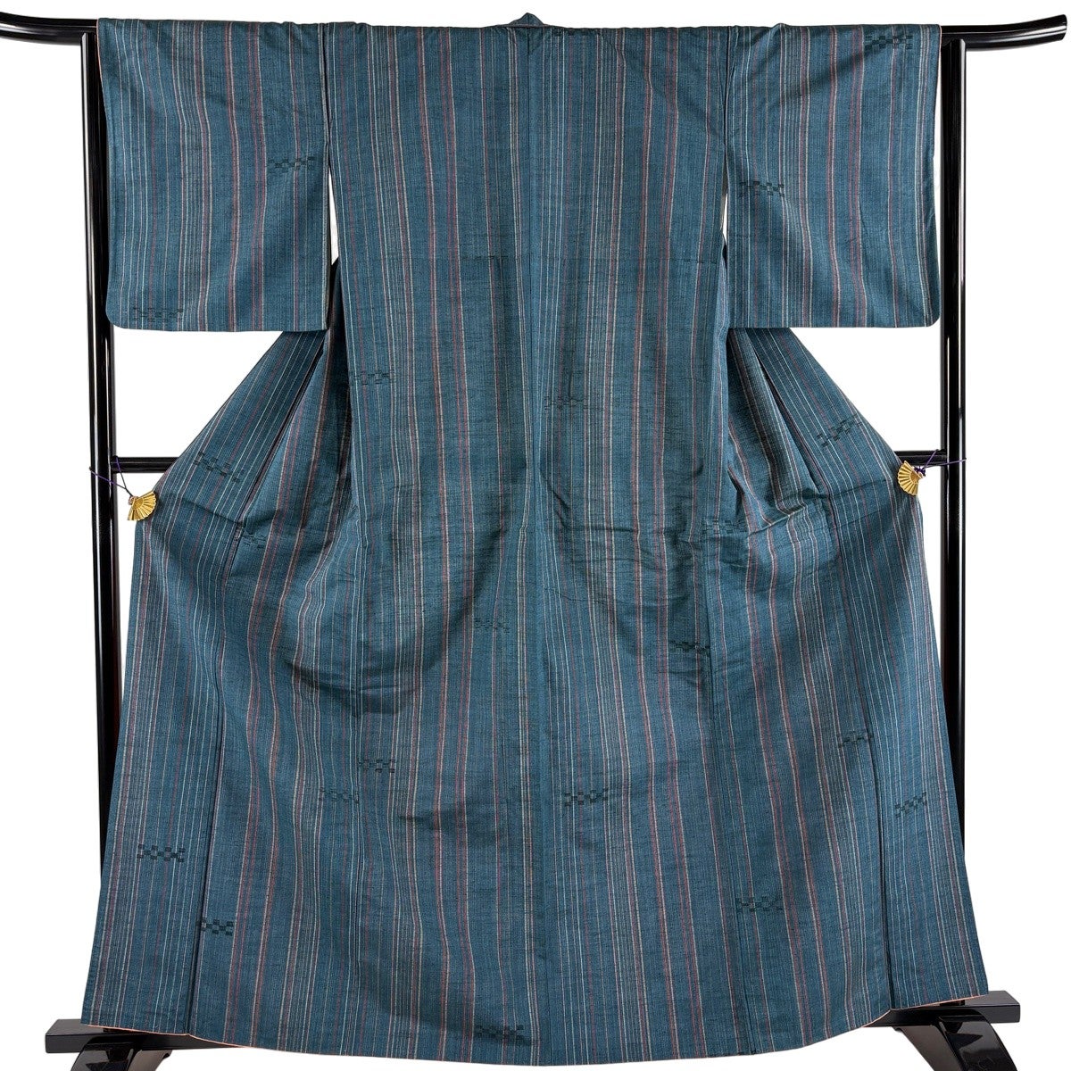 美品】 小紋 身丈162cm 裄丈63.5cm S 袷 紬地 縦縞 幾何学 深緑 正絹