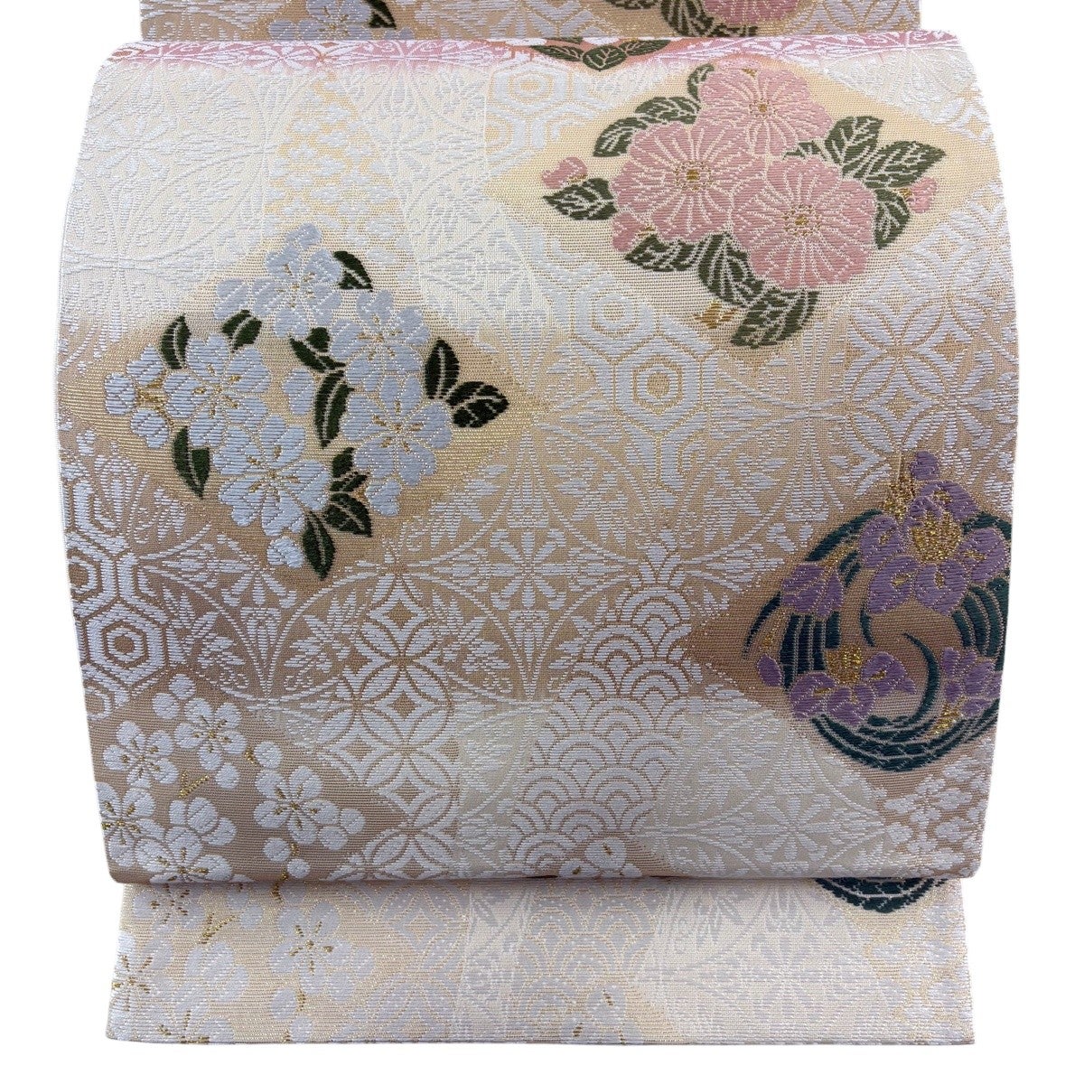 袋帯 名品 草花 七宝 金糸 箔 ベージュ 六通 正絹｜中古・古着