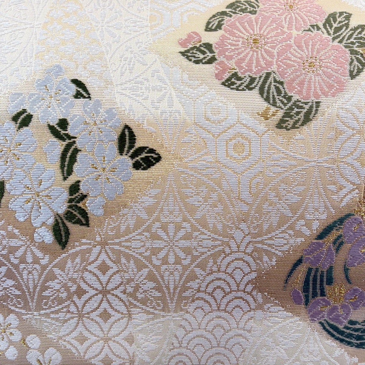 袋帯 名品 草花 七宝 金糸 箔 ベージュ 六通 正絹｜中古・古着