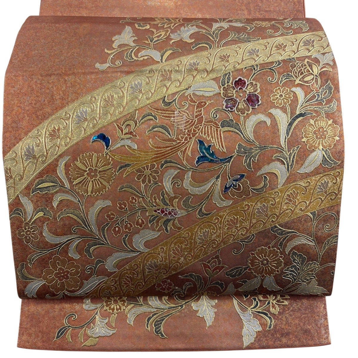AA89袋帯 大太鼓 相良綉 シワトウ　幾何学 花柄 ベージュ　正絹 袋帯 名品 関西仕立て 花唐草 鳥 金彩 箔 ピンクベージュ お太鼓柄