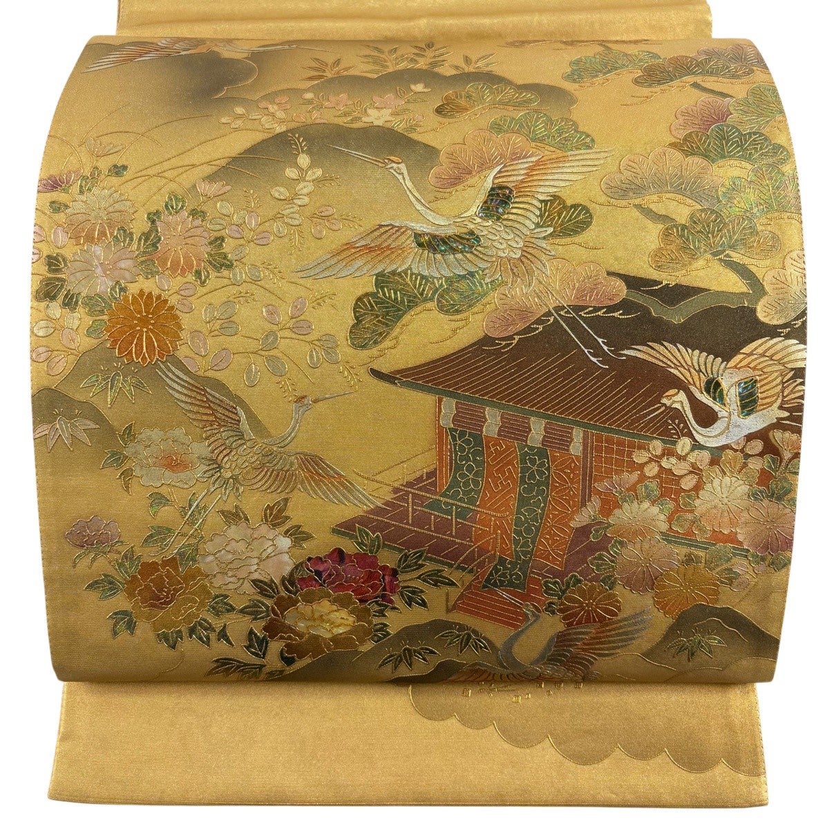 袋帯 名品 御所時鶴舞図 牡丹 金彩 螺鈿 金色 お太鼓柄 正絹｜中古