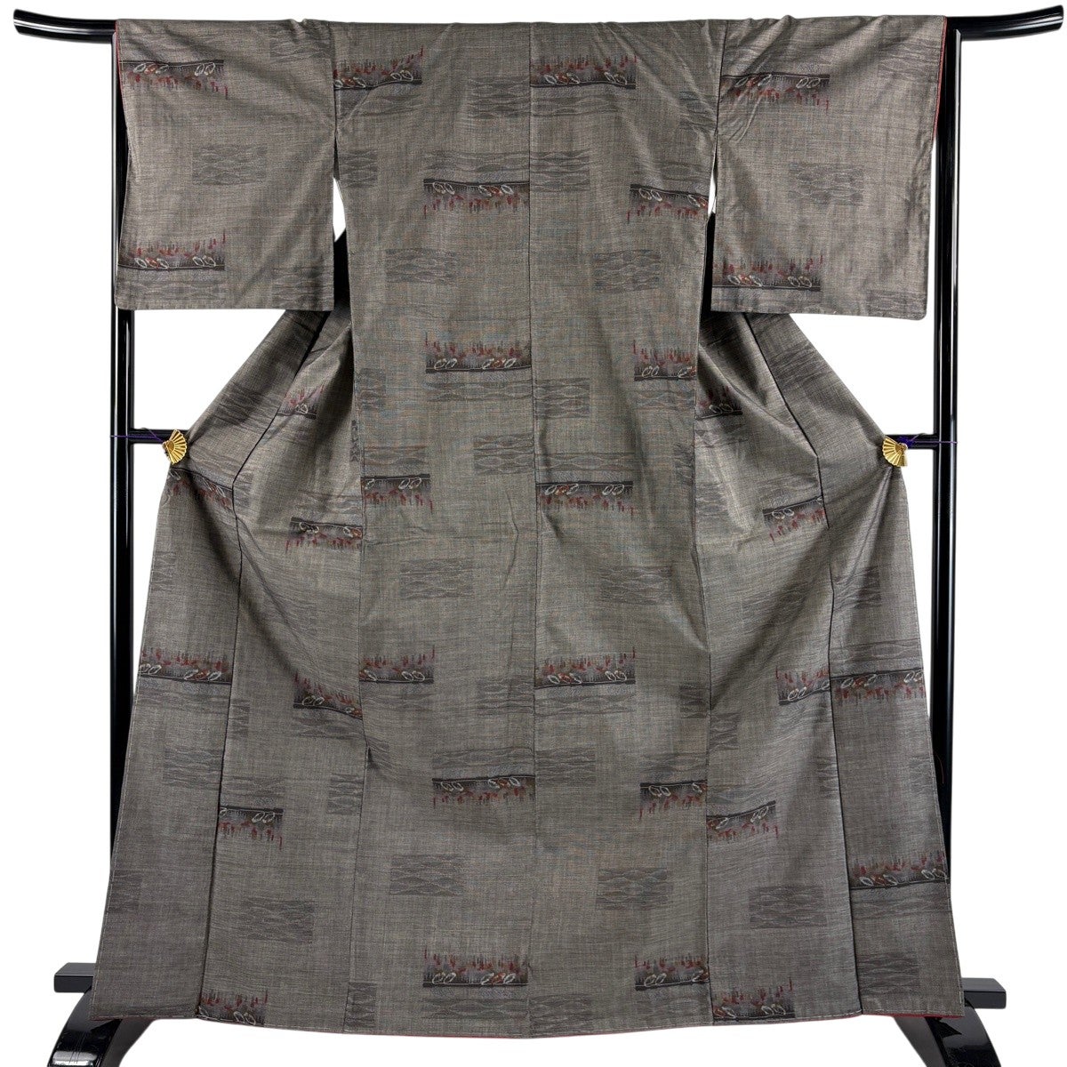 紬 身丈166.5cm 裄丈65.5cm M 袷 幾何学 焦茶色 正絹 秀品｜中古・古着